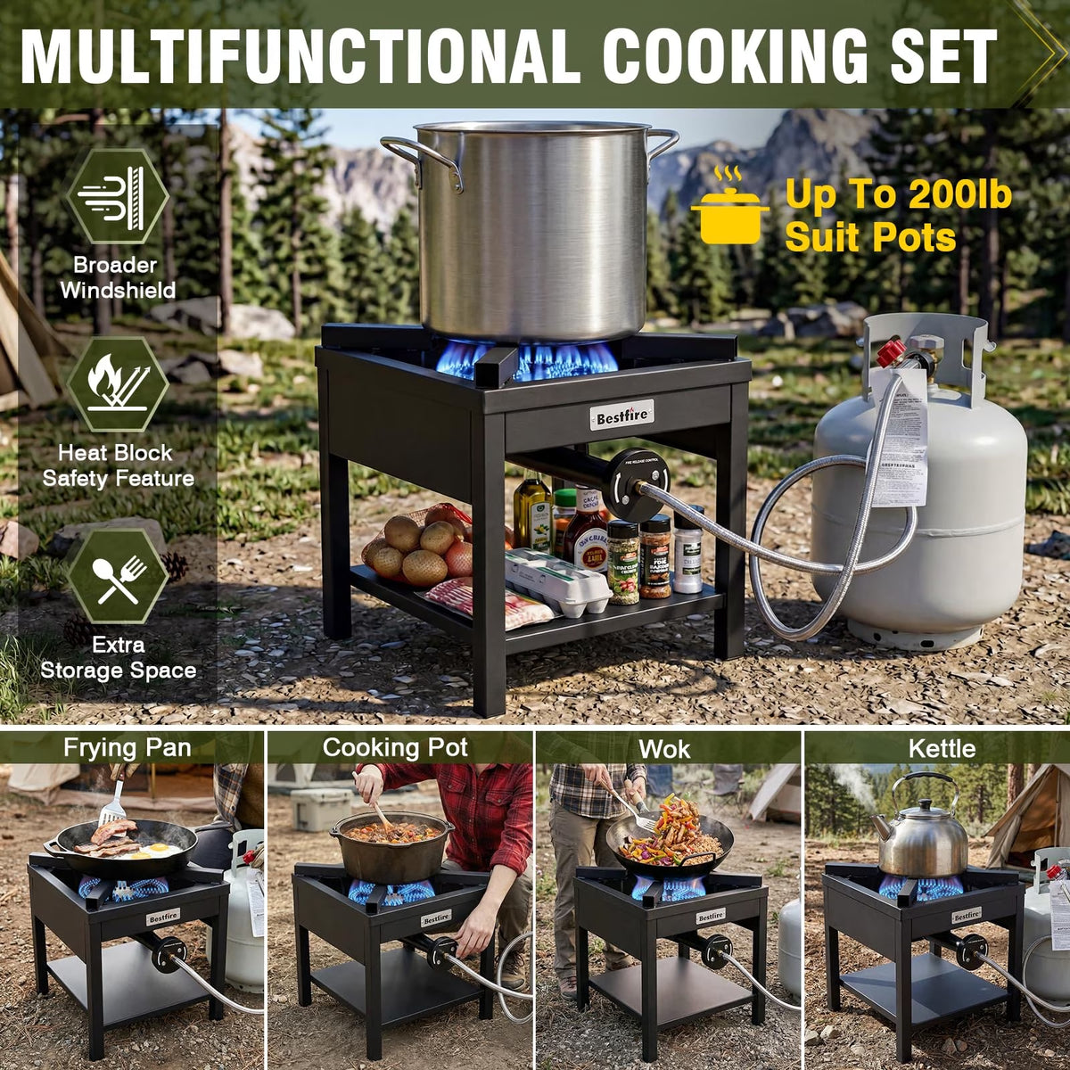 BESTFIRE 260,000 BTU Outdoor Propane Burner, High Pressure Single Burner Cooker with Adjustable Regulator & Steel Braided Hose for Turkey Fryer, Seafood Boil and Camping