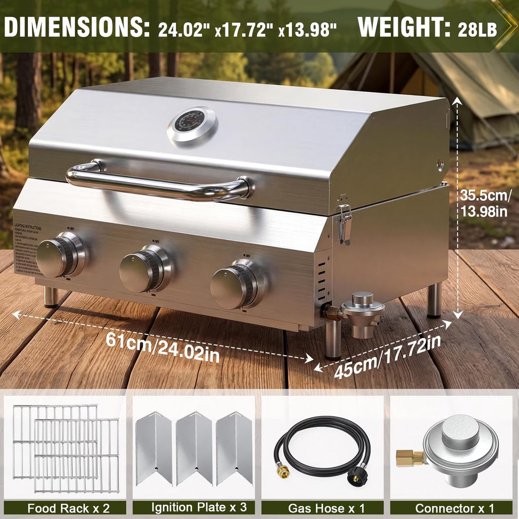 BESTFIRE 3-Burner Portable Propane Gas Grill, 30,000 BTU Tabletop BBQ Grill with Dual Connections, Stainless Steel Grates for Camping, RV