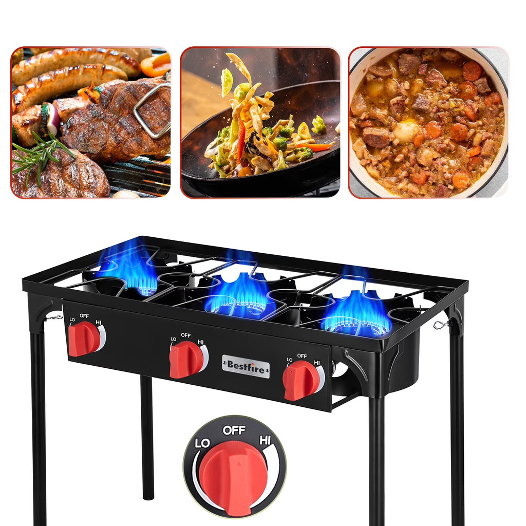 Bestfire Gas Stove for Cooking Outdoor, 3 Burners Outdoor Propane Burners for Cooking with Removable Legs 20 PSIG High Pressure Regulator ,225,000 BTU
