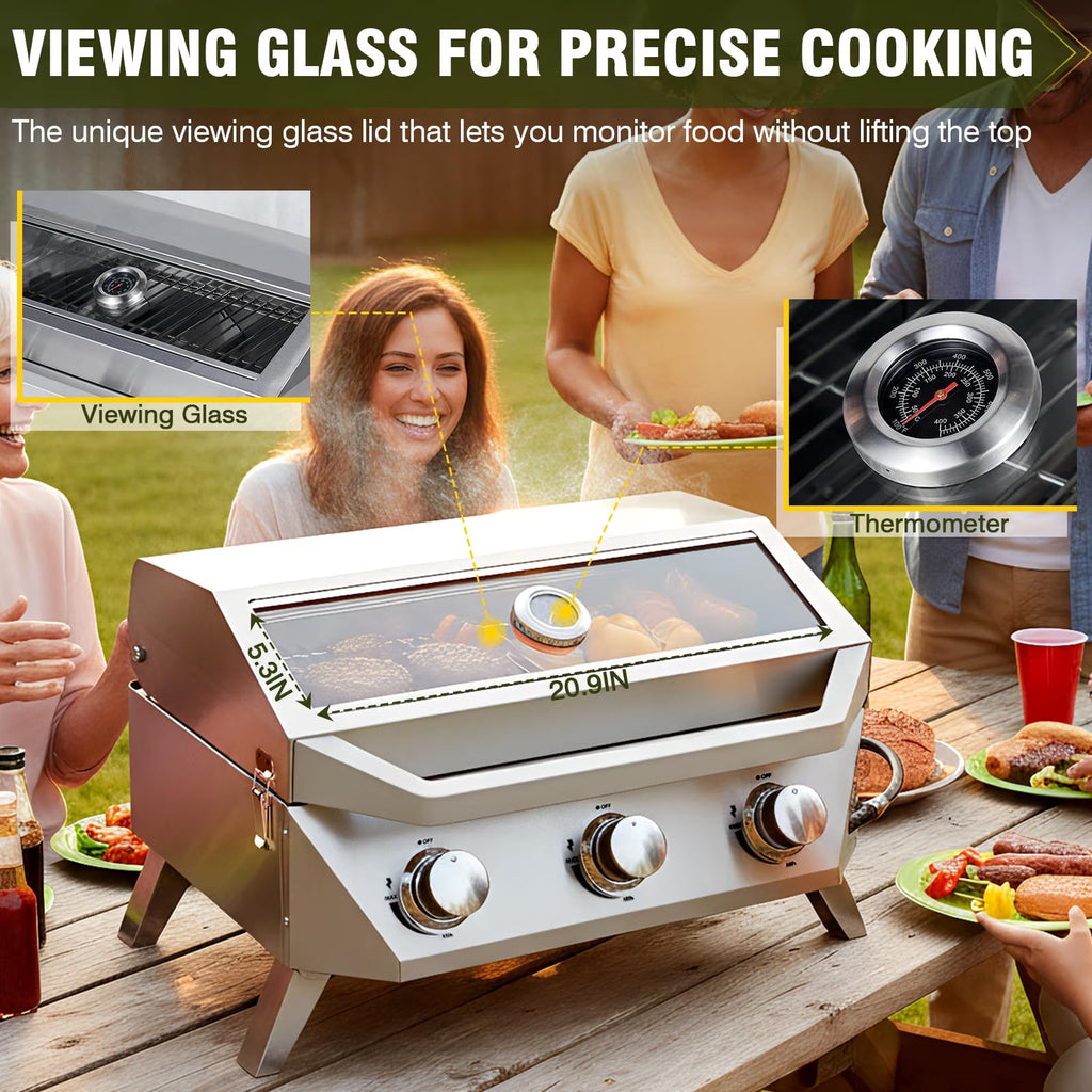 BESTFIRE 3-Burner Portable Propane Gas Grill, 30,000 BTU Tabletop BBQ Grill with Glass Lid, Thermometer, Stainless Steel Grates for Patio, Camping, RV