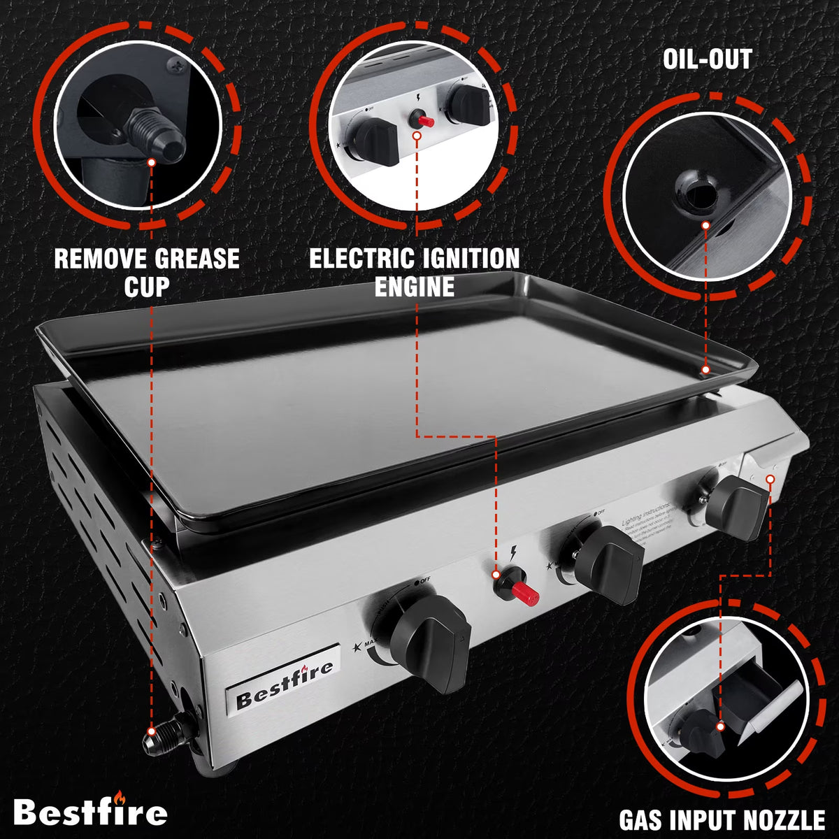 Bestfire 3 Burners Gas Propane Griddle,30000 BTU Outdoor Portable Propane Gas Grill Griddle, Stainless Steel Flat Top Griddle Station for Kitchen, BBQ, Camping Tailgating 23 Inch Flat Top Grill