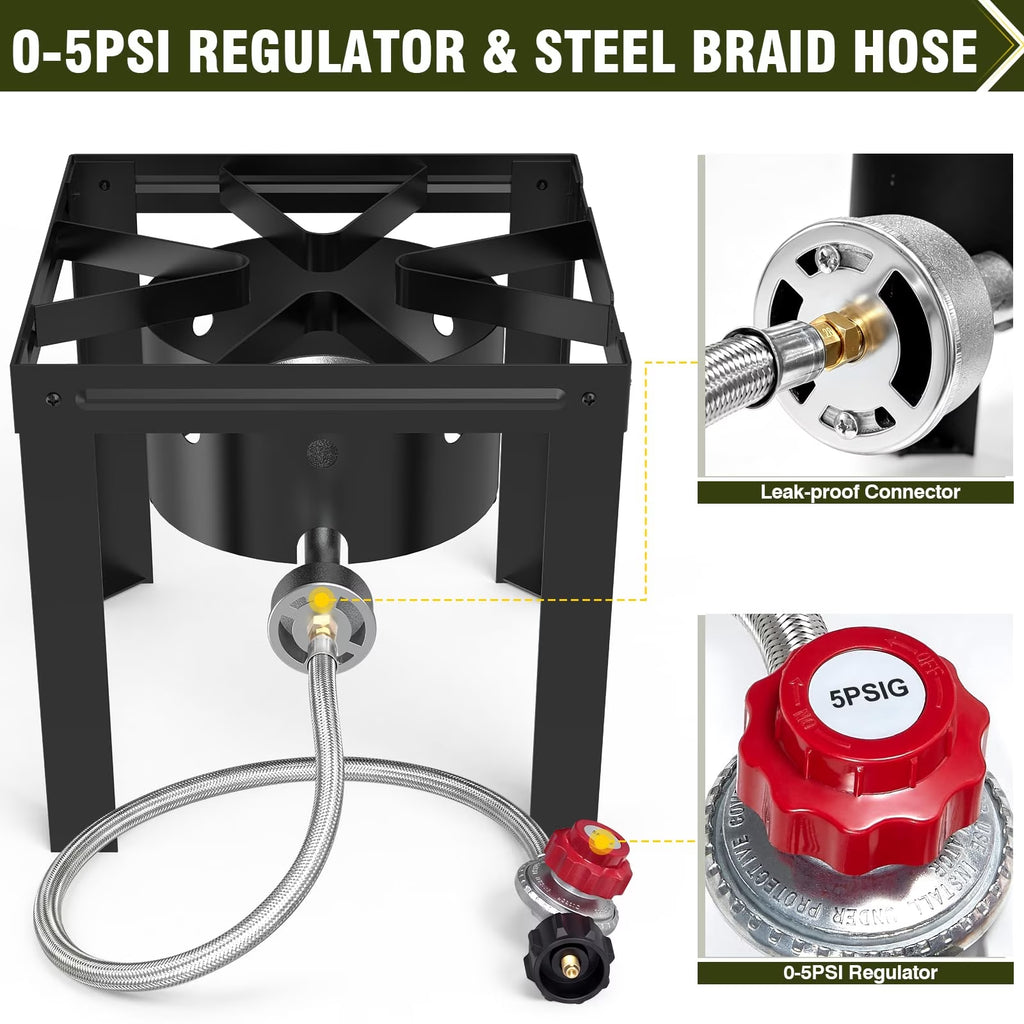 BESTFIRE 80,000 BTU Propane Burner, Single Burner Outdoor Gas Stove with 5 PSI Regulator, Portable Propane Cooker for Turkey Fryer, Seafood Boil, Camping & Backyard Cooking