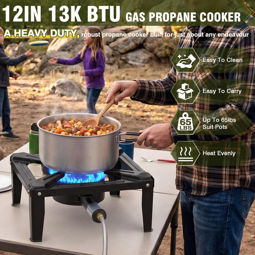BESTFIRE Portable Single Burner Propane Stove, Heavy Duty Cast Iron Outdoor Gas Cooker with Adjustable Regulator, 4 ft Hose and Water Storage Bag for Camping, Seafood Boil and Backyard Cooking