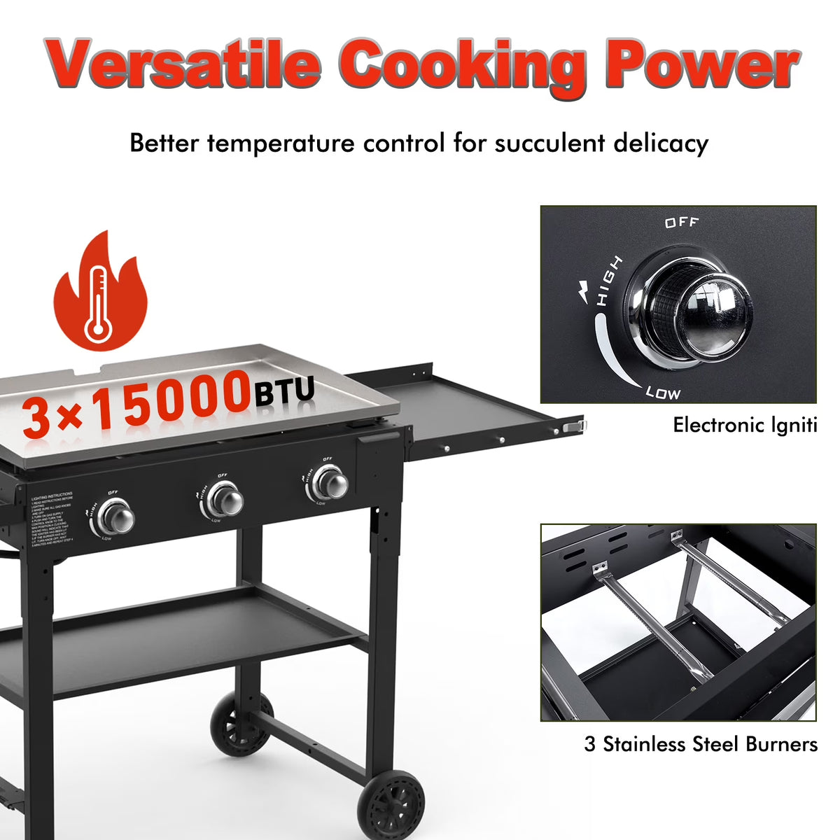 BESTFIRE Foldable Flat Top Grill-3 Burner, 35" Outdoor GriddlePropane Griddle with Two Foldable Shelves, Flat Grills Outdoor-45,000 BTU,Black