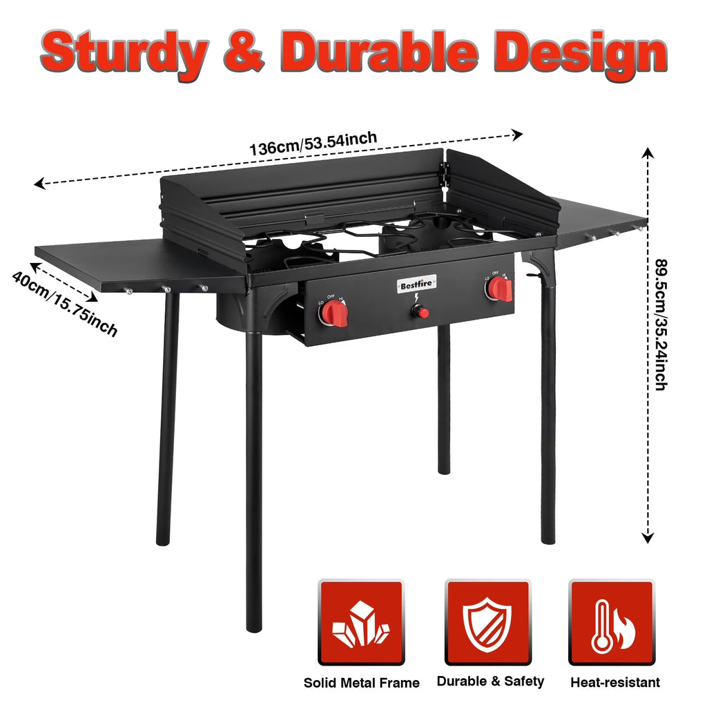 Bestfire 2 Burner Gas Stove, Propane Camping Stove with Side Shelves & Windpanel, 150,000 BTU Propane Burners for Outdoor Cooking, Camping & BBQ Cookouts