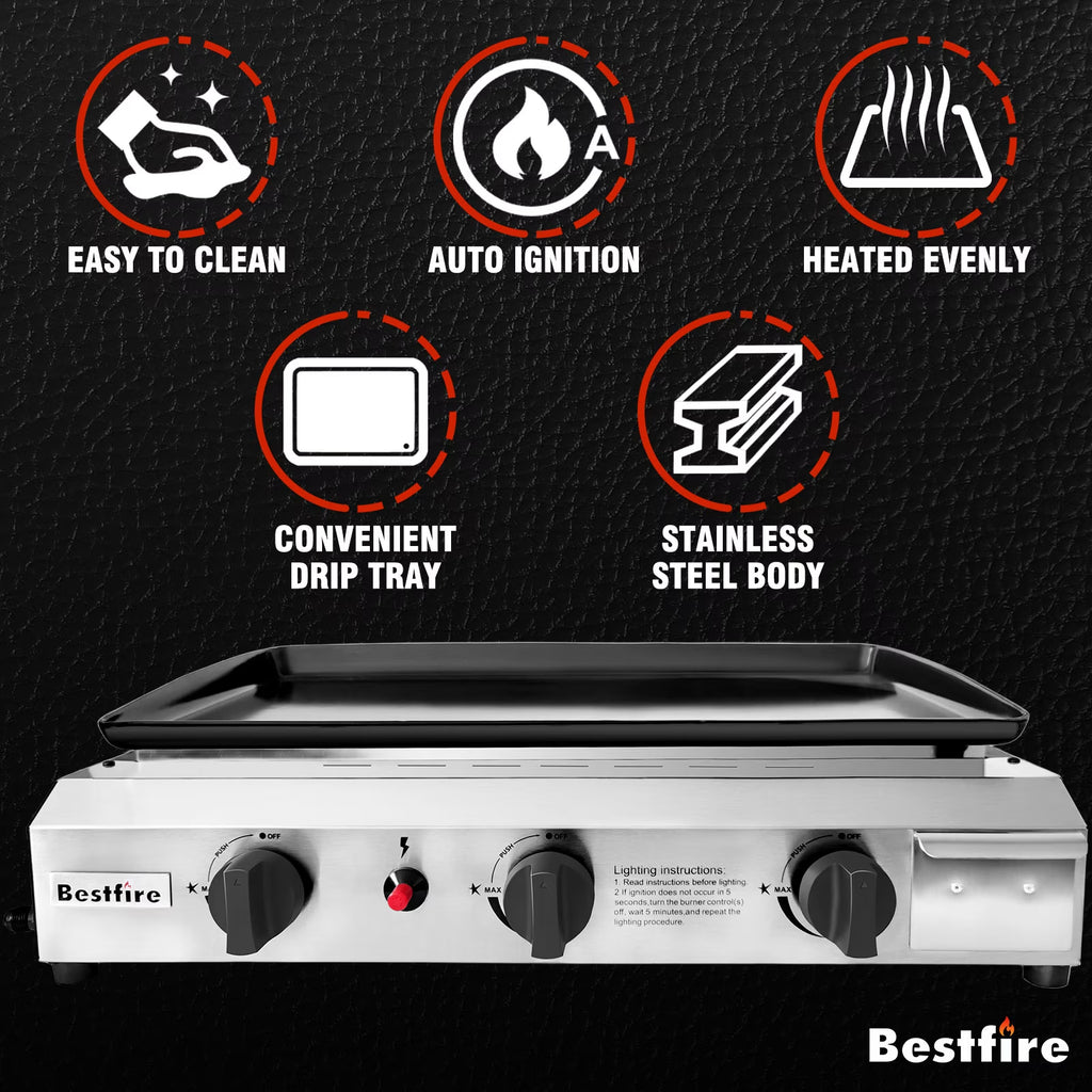Bestfire 3 Burners Gas Propane Griddle,30000 BTU Outdoor Portable Propane Gas Grill Griddle, Stainless Steel Flat Top Griddle Station for Kitchen, BBQ, Camping Tailgating 23 Inch Flat Top Grill