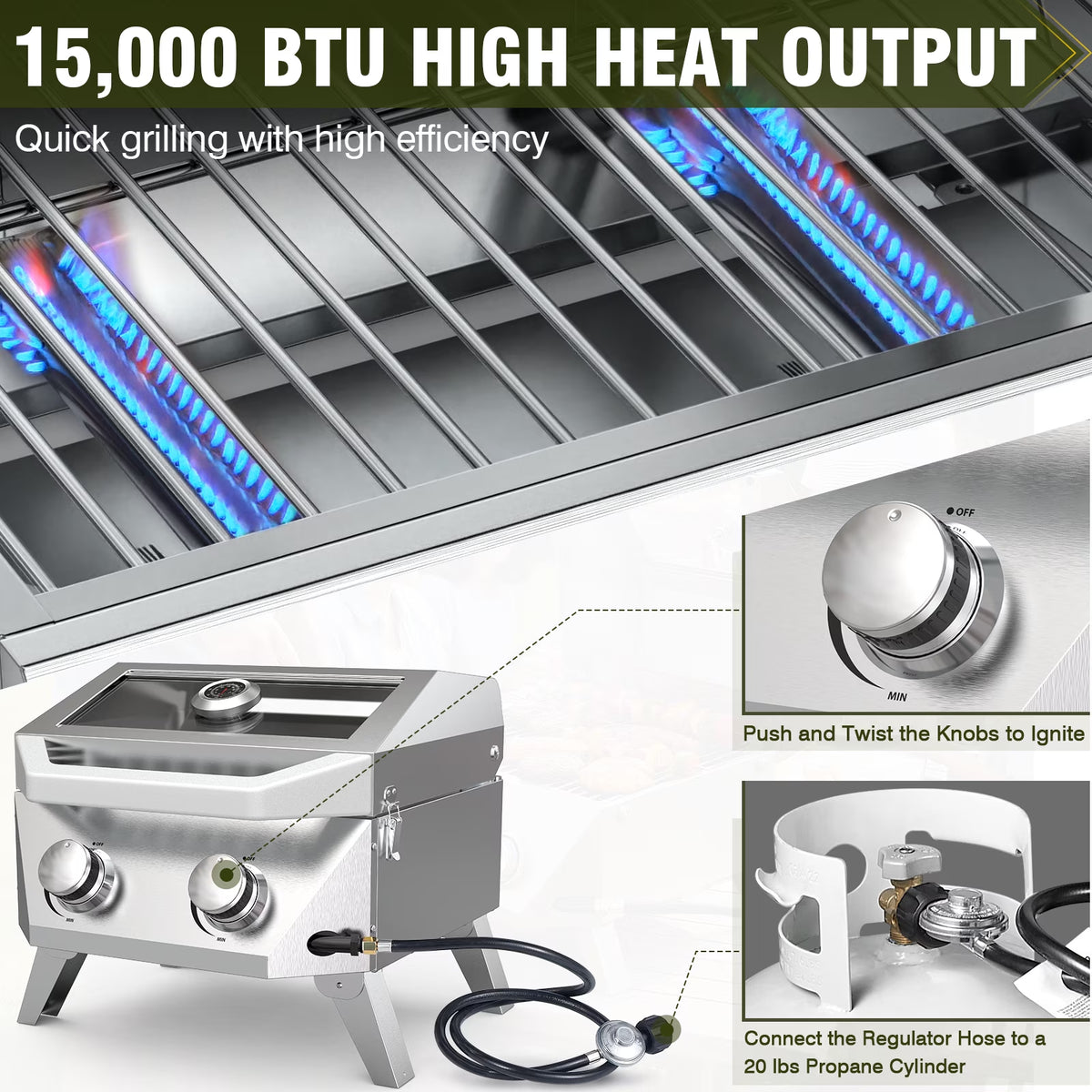 BESTFIRE Tabletop Gas Grill with 2 Burners & Viewing Glass Lid, 20,000 BTU Stainless Steel Portable BBQ Grill with Thermometer, Push-Button Ignition for Outdoor Patio, Camping, RV, Tailgating