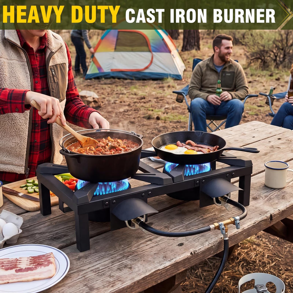 BESTFIRE Double Burner Propane Camping Stove, Portable Cast Iron Outdoor Gas Cooker with Independent Controls and 5 PSI Hose for BBQ