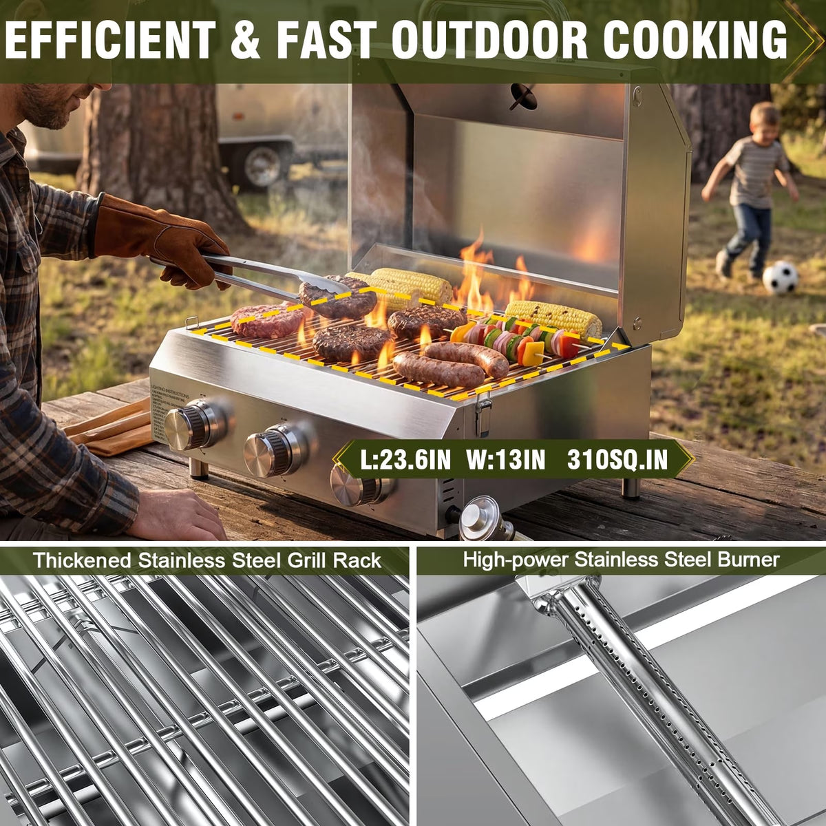 BESTFIRE 3-Burner Portable Propane Gas Grill, 30,000 BTU Tabletop BBQ Grill with Dual Connections, Stainless Steel Grates for Camping, RV