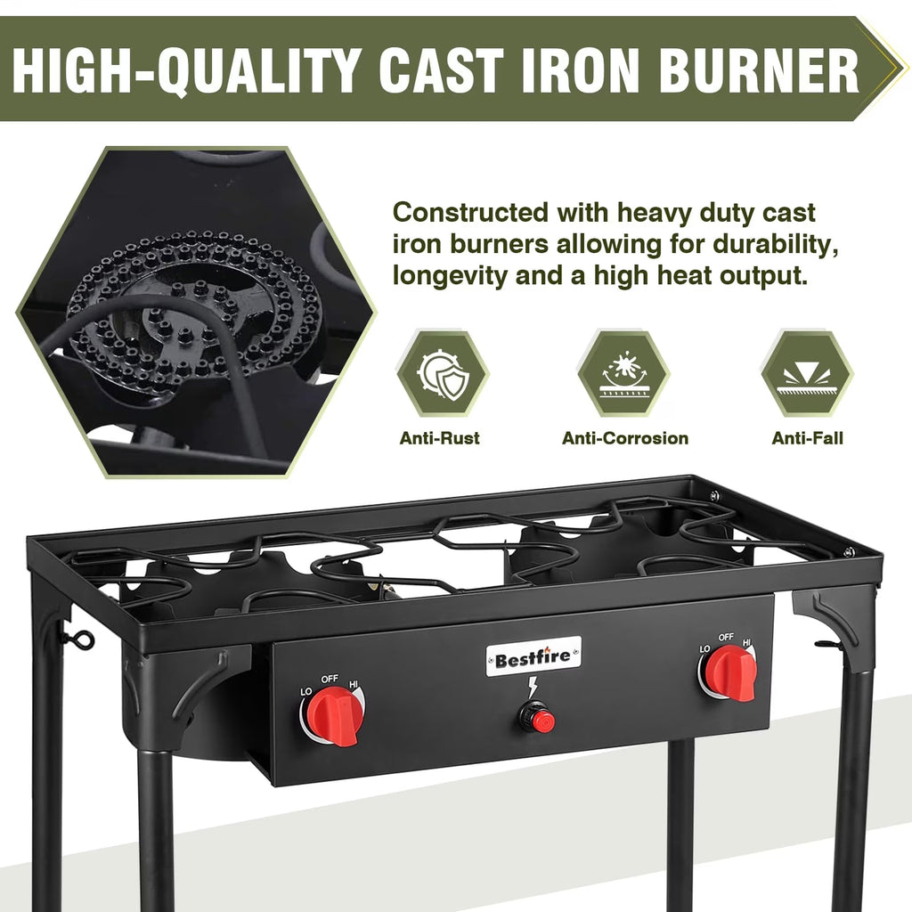 BESTFIRE 2 Burner Camping Stove, 150,000 BTU High Pressure Outdoor Propane Stove with Adjustable Flame Control, 20 PSI Regulator Hose, Removable Legs for Camping, Backyard Cooking, Tailgating (No ratings yet)