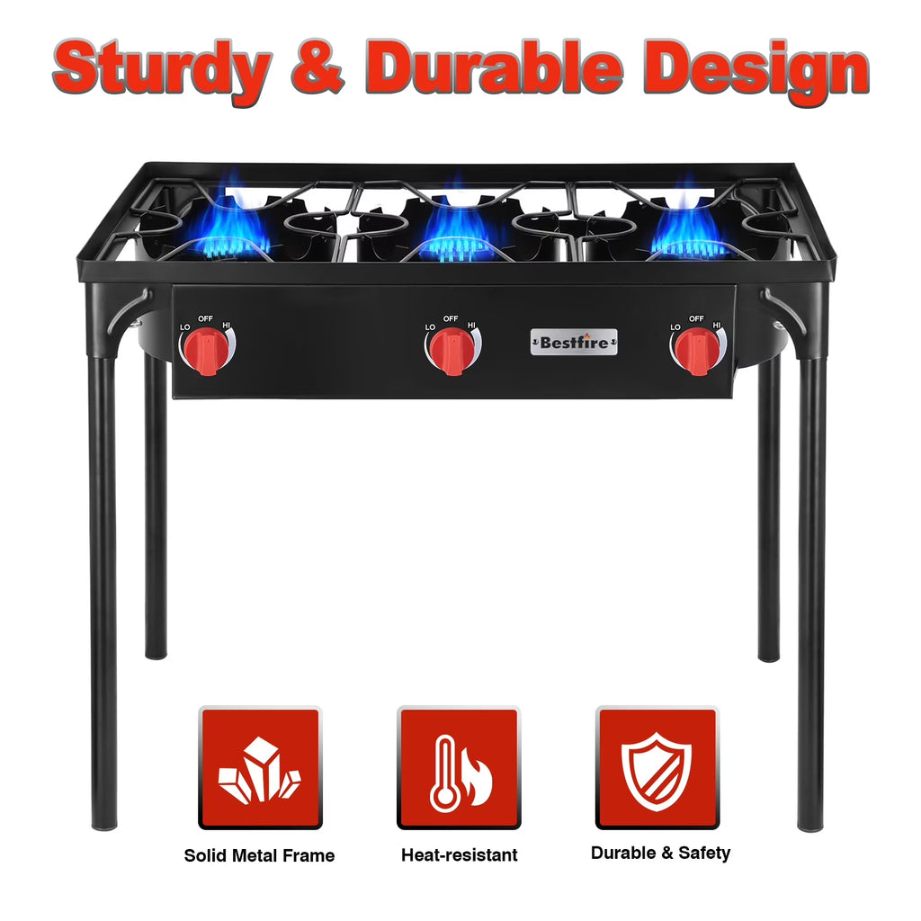 Bestfire Gas Stove for Cooking Outdoor, 3 Burners Outdoor Propane Burners for Cooking with Removable Legs 20 PSIG High Pressure Regulator ,225,000 BTU