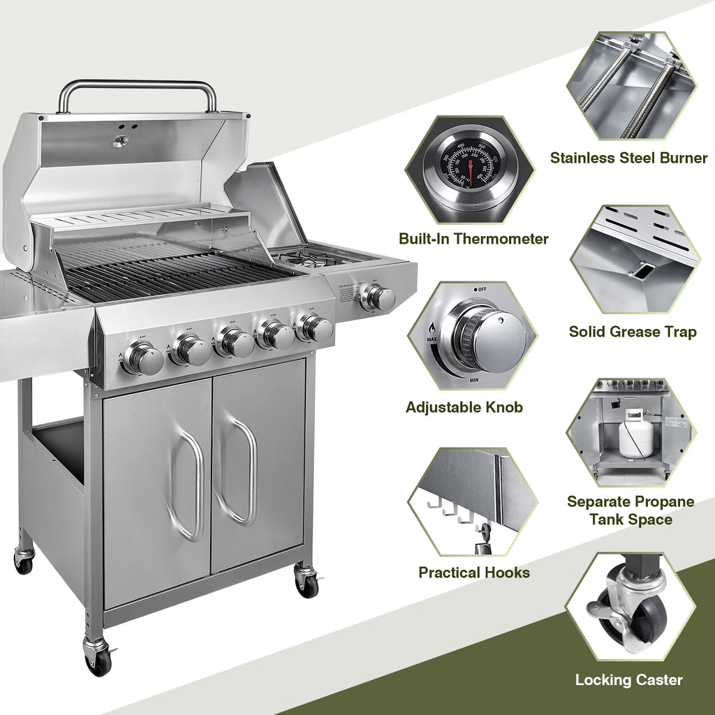Bestfire 5 Burner Propane Gas Grill with Side Burner,Stainless Steel BBQ Grill & Porcelain-Enameled Cast Iron Grates,58,000 BTU Cabinet-Style Cart Design for Outdoor Backyard Cooking,Garden and Patio