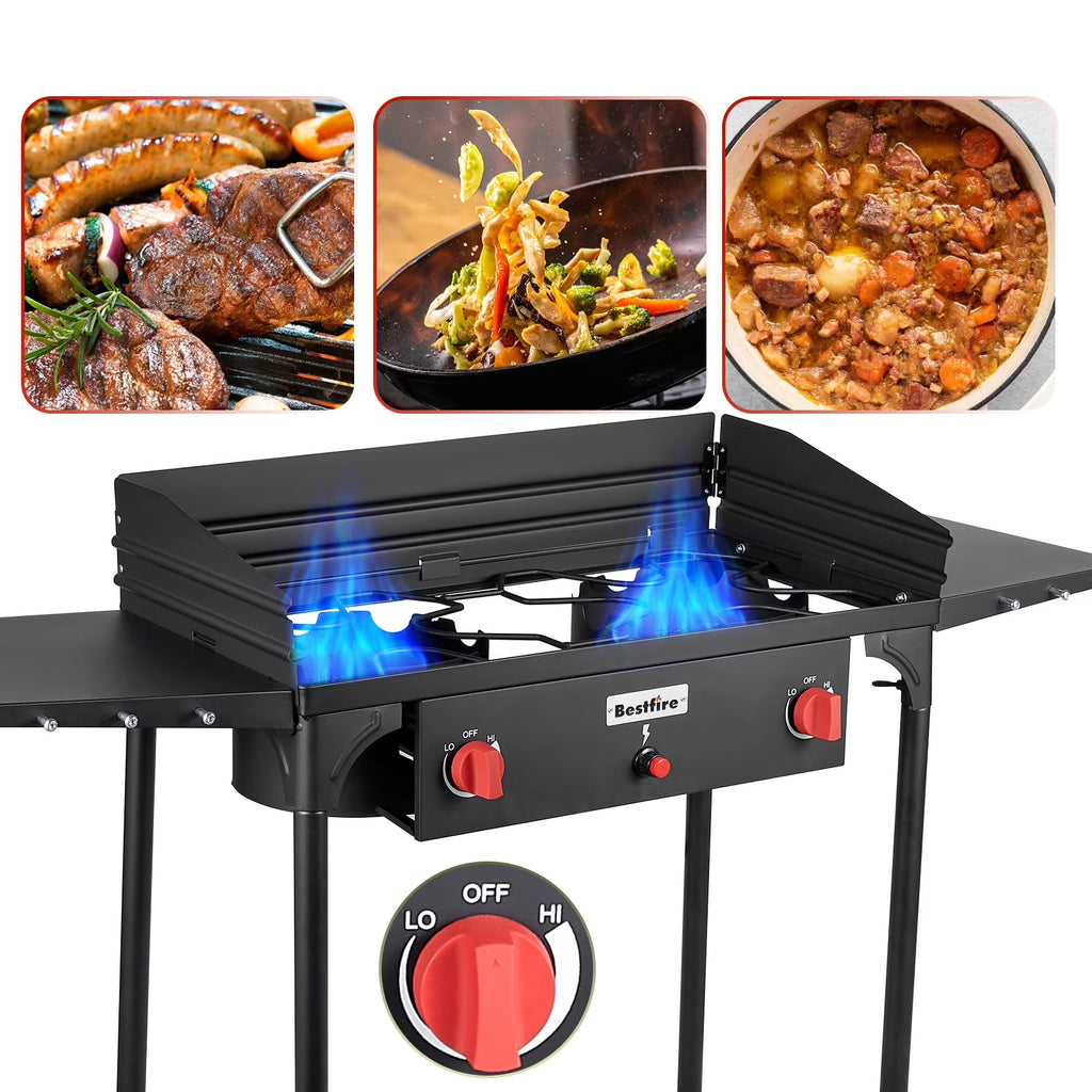 Bestfire 2 Burner Gas Stove, Propane Camping Stove with Side Shelves & Windpanel, 150,000 BTU Propane Burners for Outdoor Cooking, Camping & BBQ Cookouts