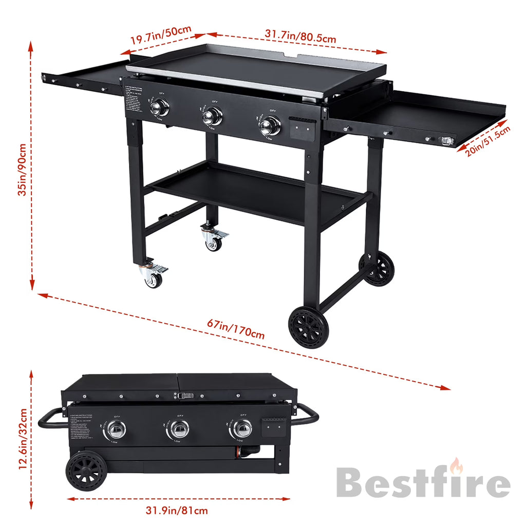 BESTFIRE Foldable Flat Top Grill-3 Burner, 35" Outdoor GriddlePropane Griddle with Two Foldable Shelves, Flat Grills Outdoor-45,000 BTU,Black