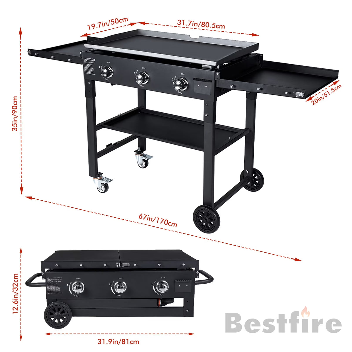 BESTFIRE Foldable Flat Top Grill-3 Burner, 35" Outdoor GriddlePropane Griddle with Two Foldable Shelves, Flat Grills Outdoor-45,000 BTU,Black