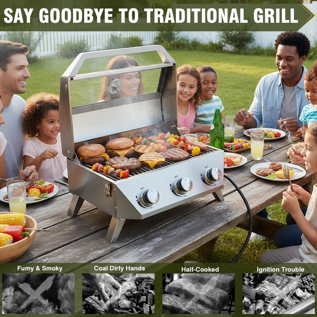 BESTFIRE 3-Burner Portable Propane Gas Grill, 30,000 BTU Tabletop BBQ Grill with Glass Lid, Thermometer, Stainless Steel Grates for Patio, Camping, RV