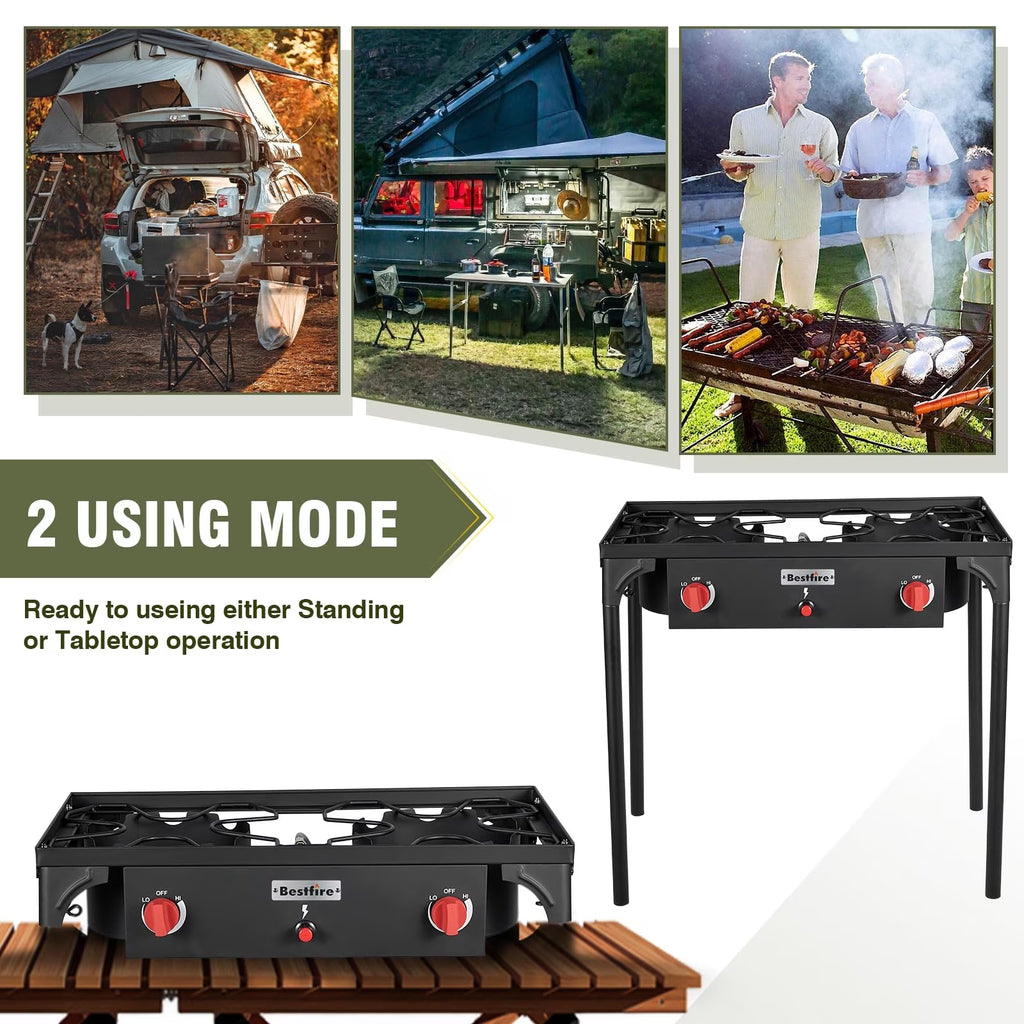BESTFIRE 2 Burner Camping Stove, 150,000 BTU High Pressure Outdoor Propane Stove with Adjustable Flame Control, 20 PSI Regulator Hose, Removable Legs for Camping, Backyard Cooking, Tailgating (No ratings yet)