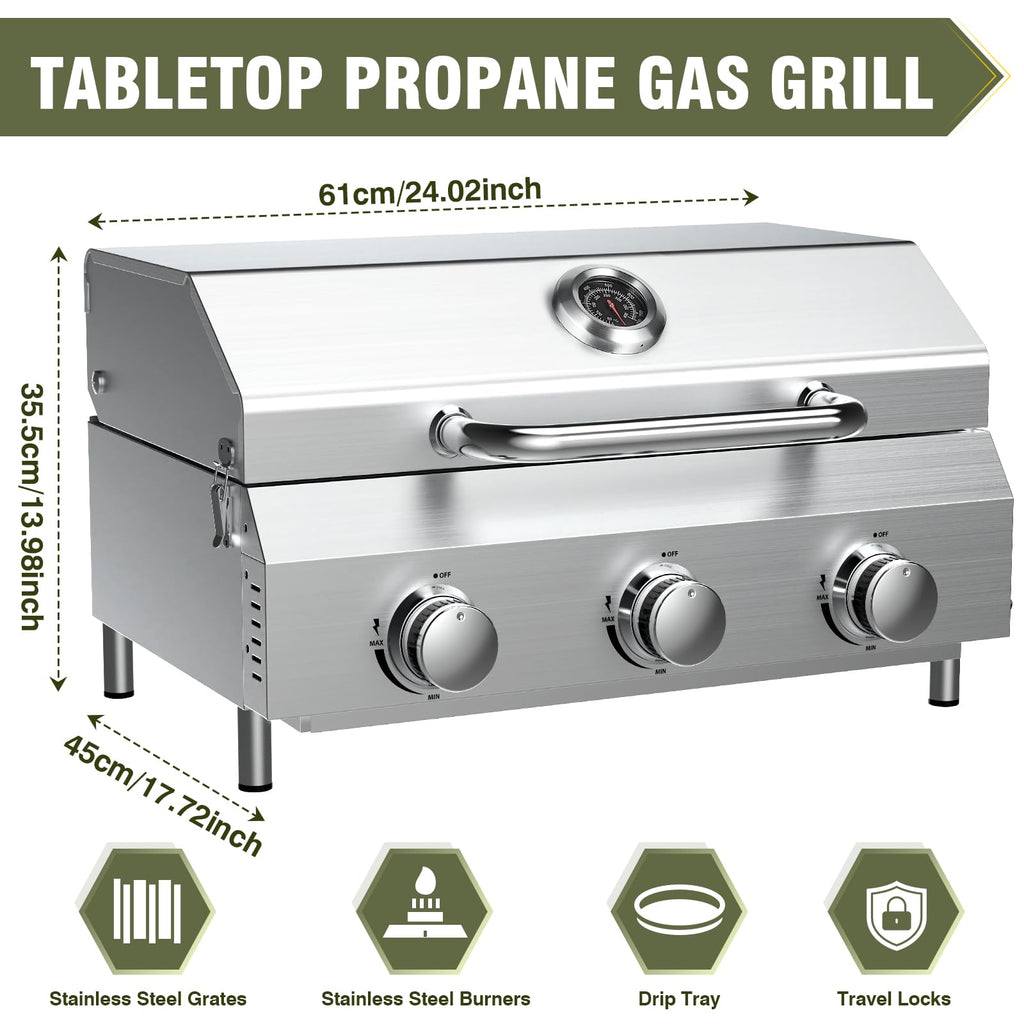 Bestfire 3-Burner Tabletop Gas Grill, 30,000 BTU Portable Propane Grill with Heavy-Duty Thickened Grates & Stainless Steel Knobs, Compact Design&Detachable Legs for Camping, RV, Backyard BBQ