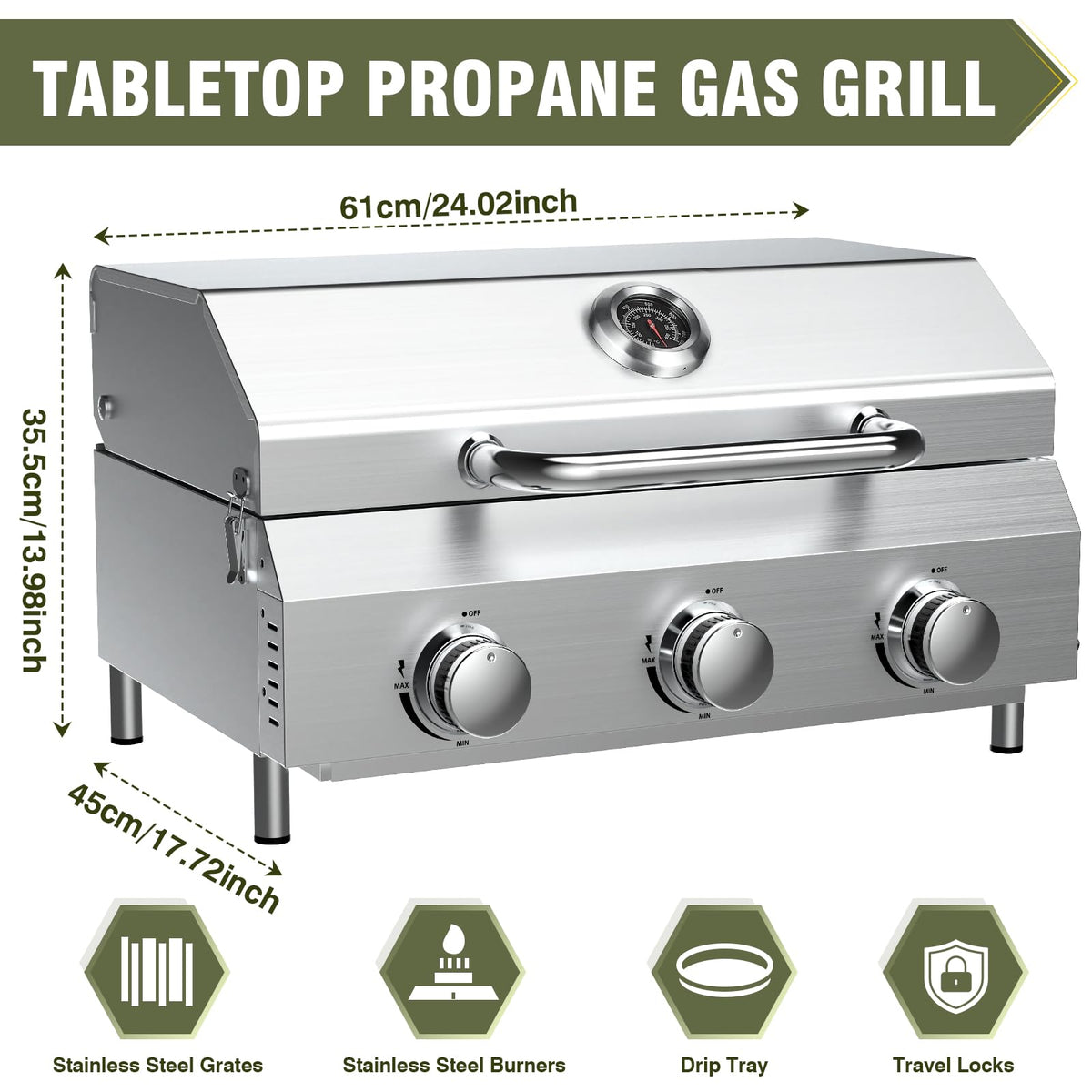 Bestfire 3-Burner Tabletop Gas Grill, 30,000 BTU Portable Propane Grill with Heavy-Duty Thickened Grates & Stainless Steel Knobs, Compact Design&Detachable Legs for Camping, RV, Backyard BBQ