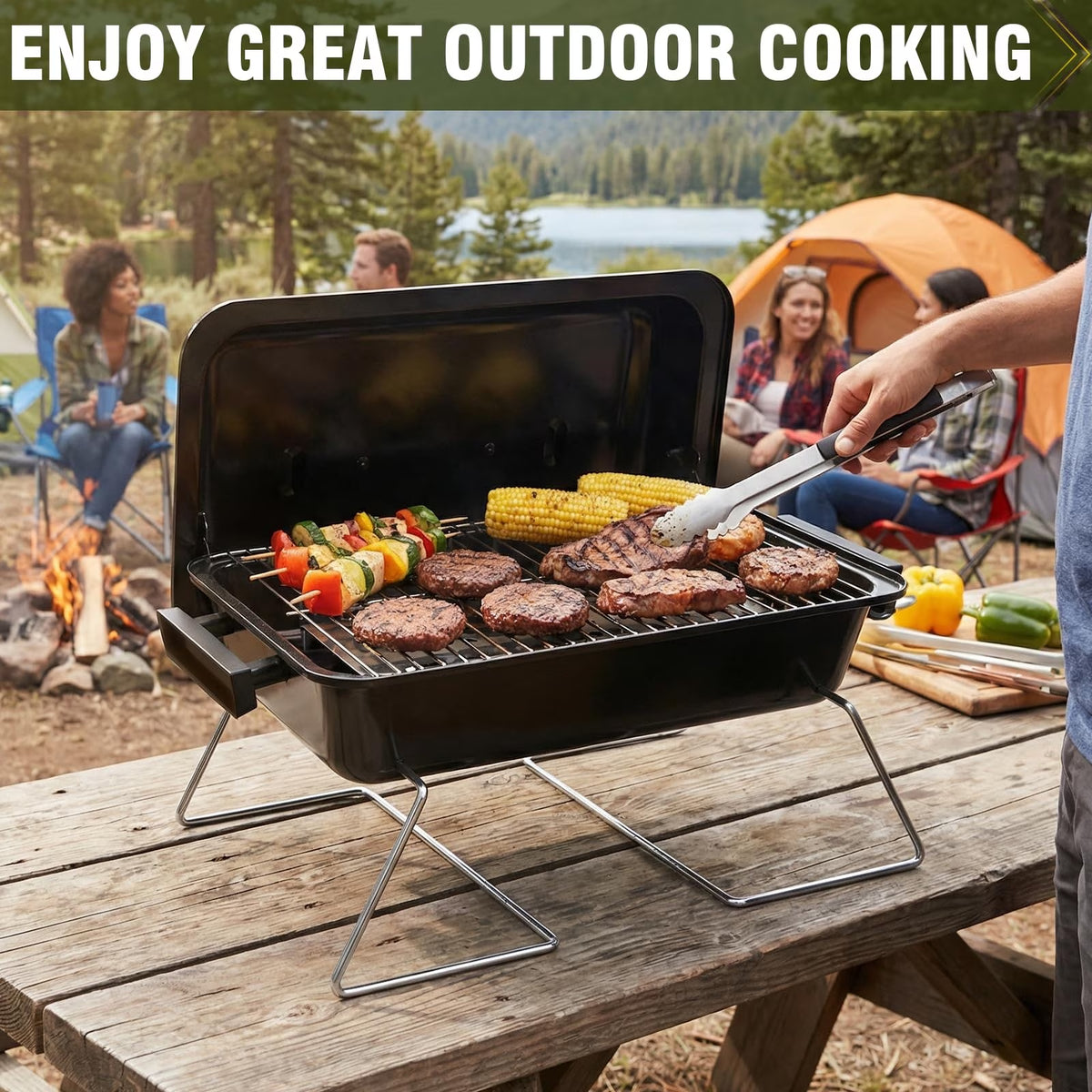 BESTFIRE Portable Propane Gas Grill with Upgraded 2-in-1 Valve, Foldable Legs, Adjustable Regulator & Porcelain Grates, Outdoor BBQ Grill for Camping
