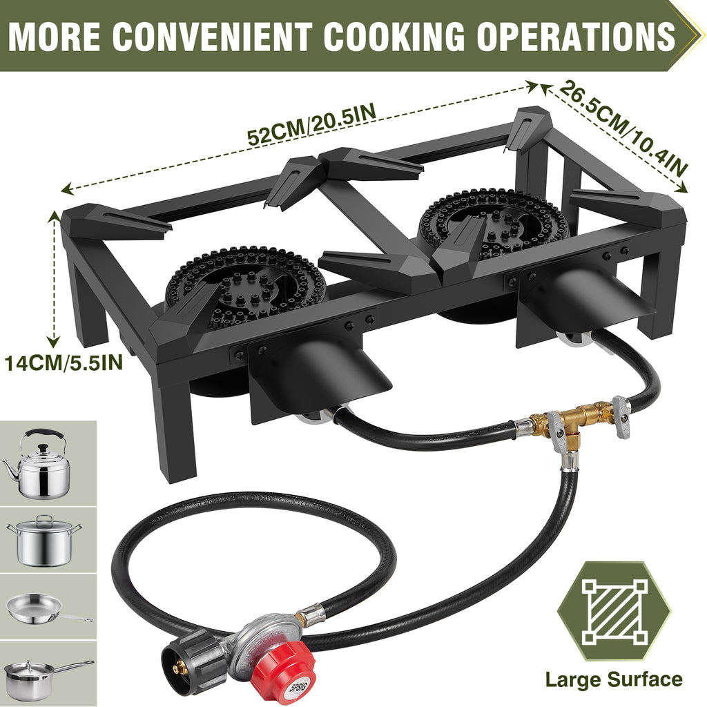 BESTFIRE Double Burner Propane Camping Stove with Independent Control Valves & 5PSI Hose - Heavy Duty Portable Outdoor Cooker for BBQ, Tailgating, and Camping