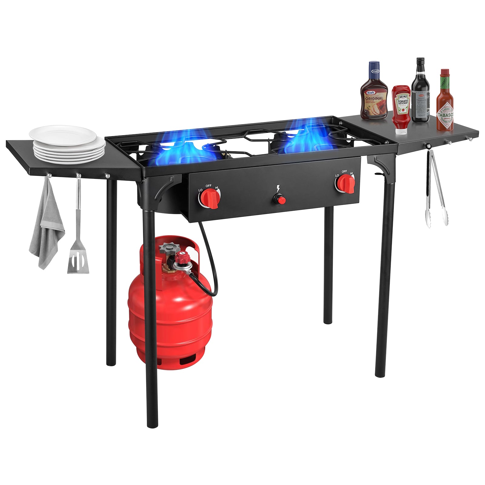 2 burner Camping Stove with Auto Ignition Button,Side Shelves & Regulator150,000 BTU Gas Stove Propane Burner With Removable Legs for Outdoor BBQ&Backyard Cooking Camping Home