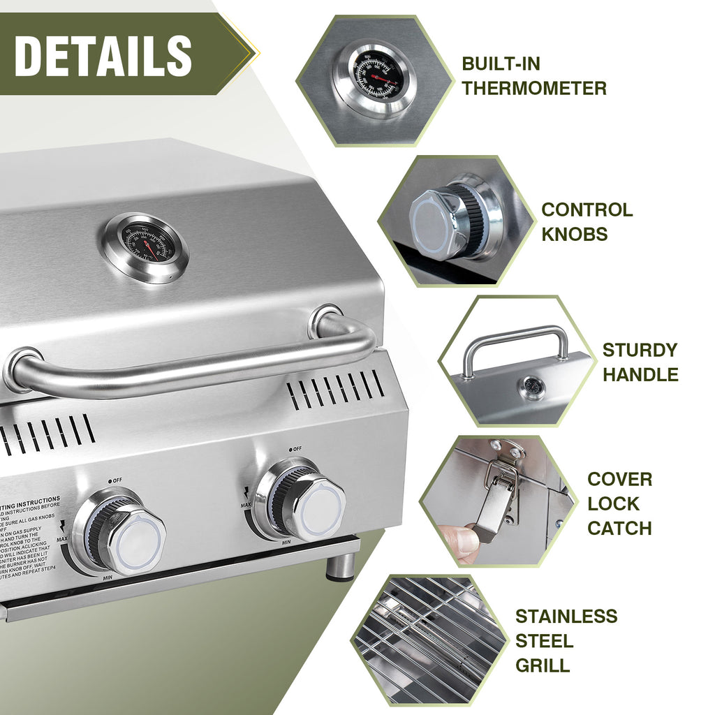 Tabletop Gas Grill 2 Burners, 20,000 BTUs Stainless Steel Portable Propane Grill with Legs for Outdoor Patio Backyard Camping, Tailgating, and RV Trips