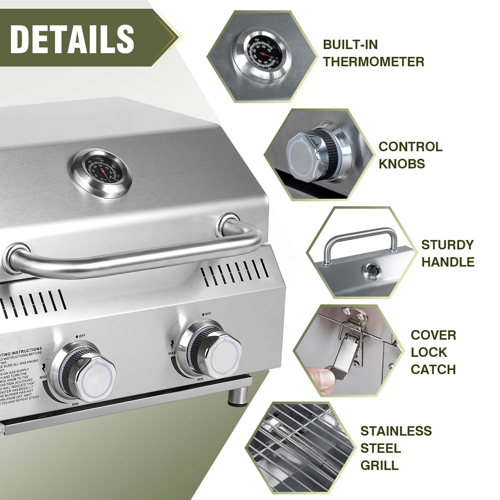 Tabletop Gas Grill 2 Burners, 20,000 BTUs Stainless Steel Portable Propane Grill with Legs for Outdoor Patio Backyard Camping, Tailgating, and RV Trips