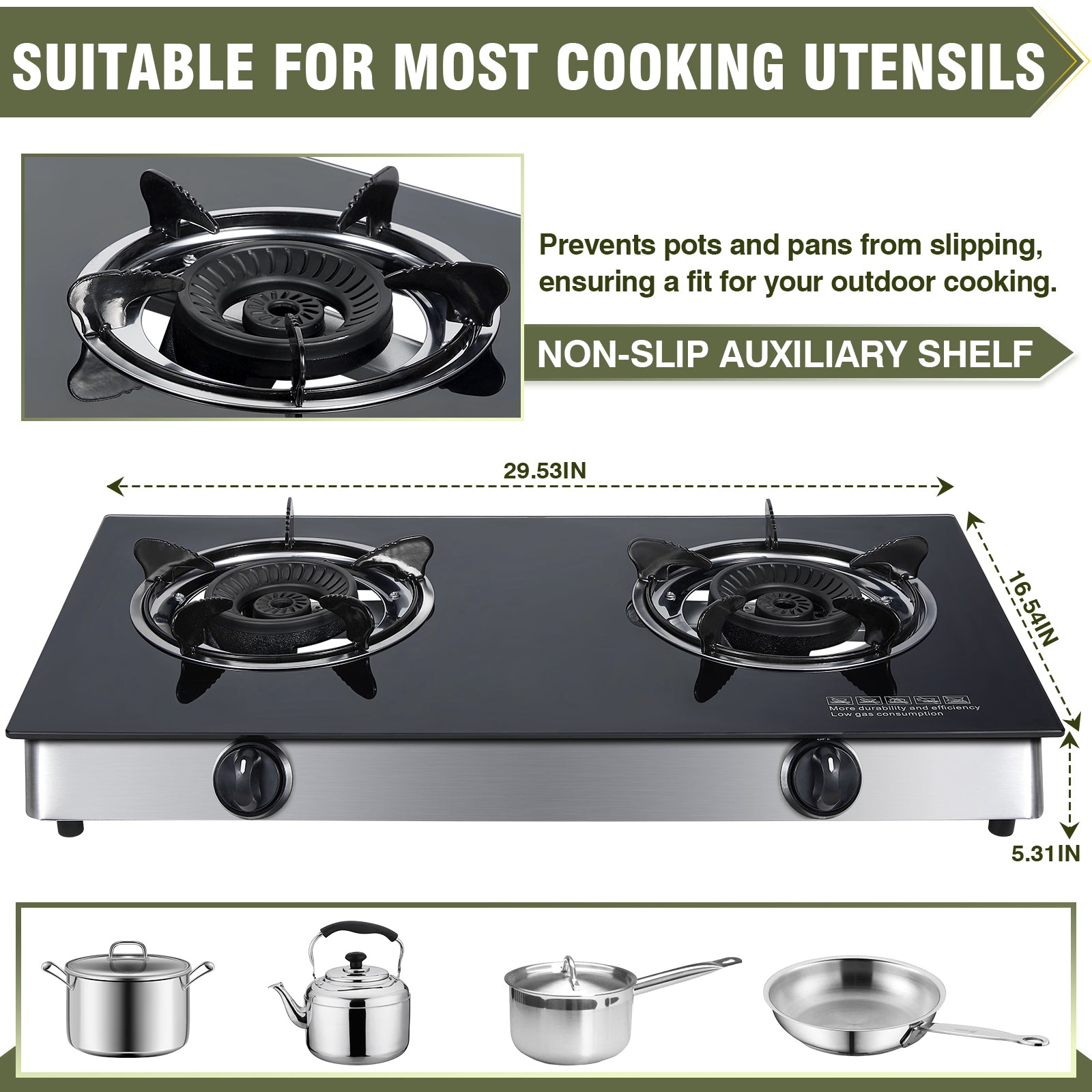 BESTFIRE 2-Burner Propane Gas Cooktop, 30,000 BTU Portable Tempered Glass Stove with Auto-Ignition, CSA Certified Regulator & Hose, Double Burner Stove for Camping, RV & Patio