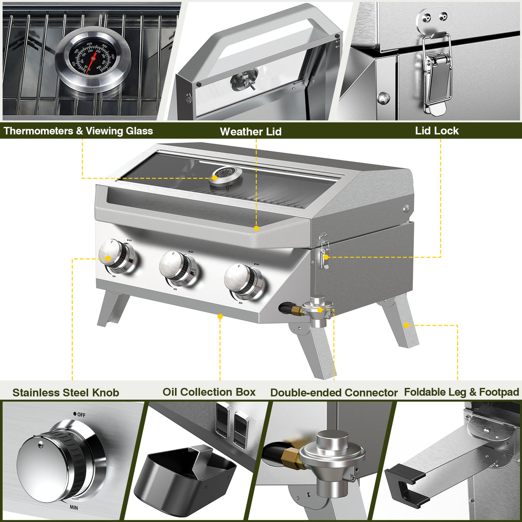BESTFIRE Portable Propane Grill, 3-Burner Tabletop Gas Grill with 2-in-1 Connection for 1lb/20lb Tanks, 30,000 BTU Stainless Steel BBQ with Observation Window & Thermometer for Outdoor, Tailgating