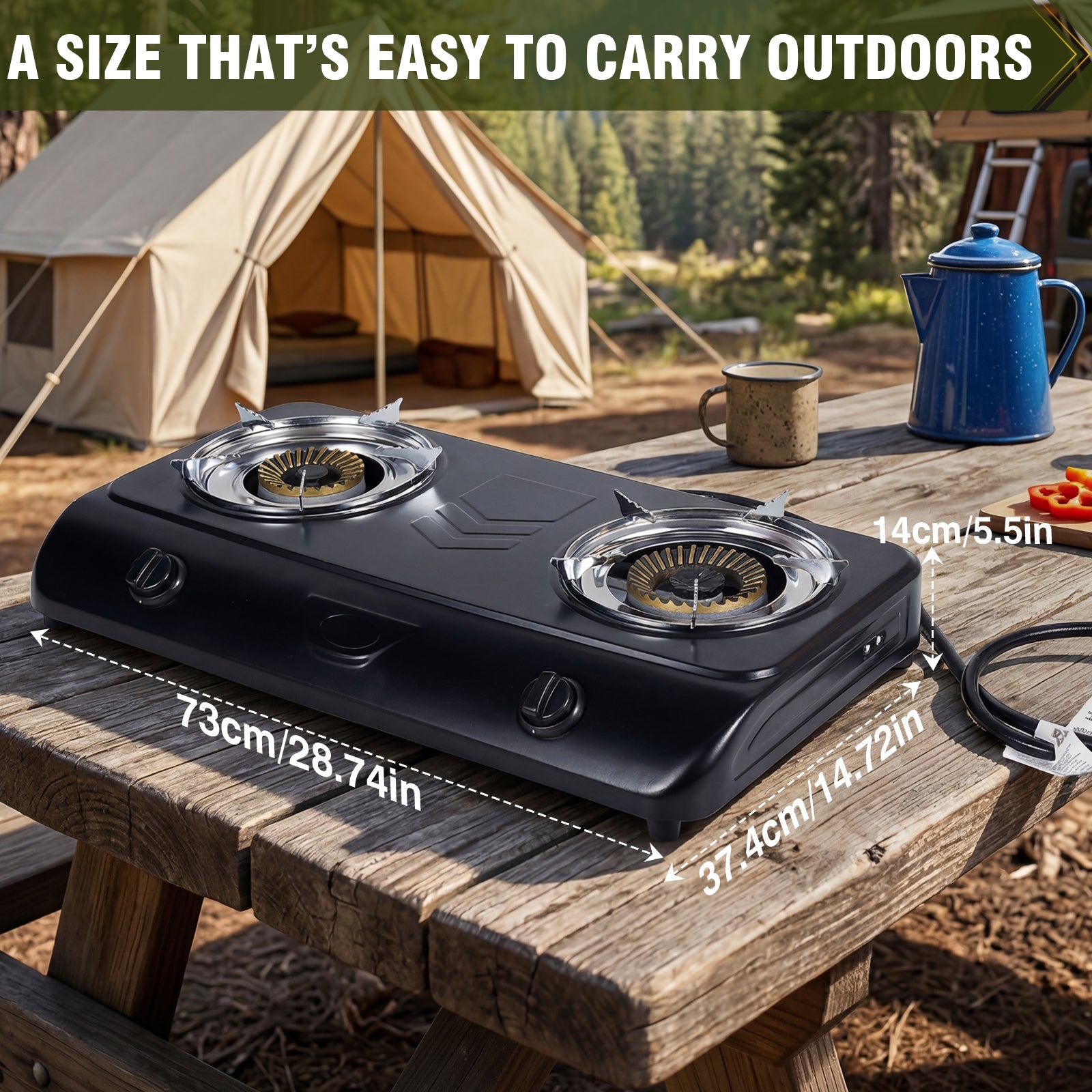 BESTFIRE Portable Outdoor Propane Stove - 9000/12000 BTU Dual Burners with Auto Ignition, Rust-Resistant Steel, Regulator & Hose, Perfect for Camping, RV, Tailgating, BBQ, Compact 28.74"×14.76"×5.51"