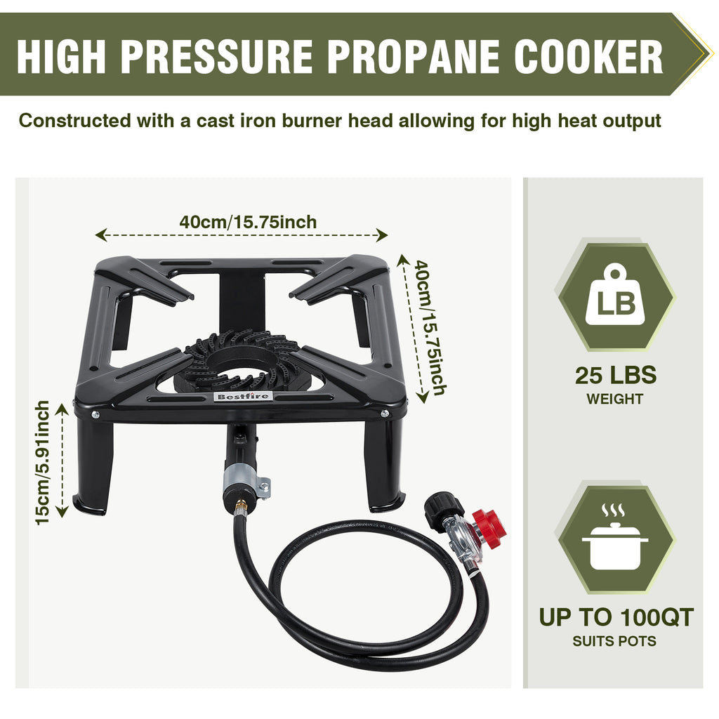 High Pressure Propane Burner, 120000 BTU Single Propane Stove with 4.1ft 0-20Psi Adjustable Hose with Regulator, 16" Square Steel Cooktop for Camping