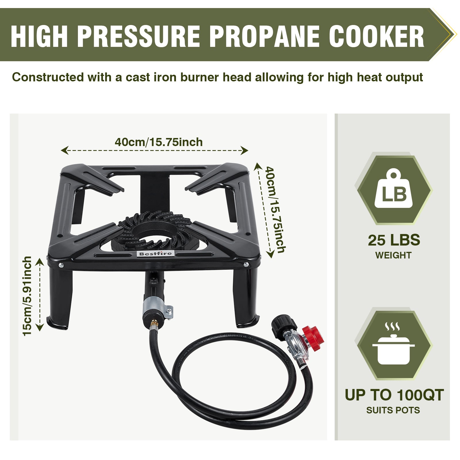 High Pressure Propane Burner, 120000 BTU Single Propane Stove with 4.1ft 0-20Psi Adjustable Hose with Regulator, 16" Square Steel Cooktop for Camping