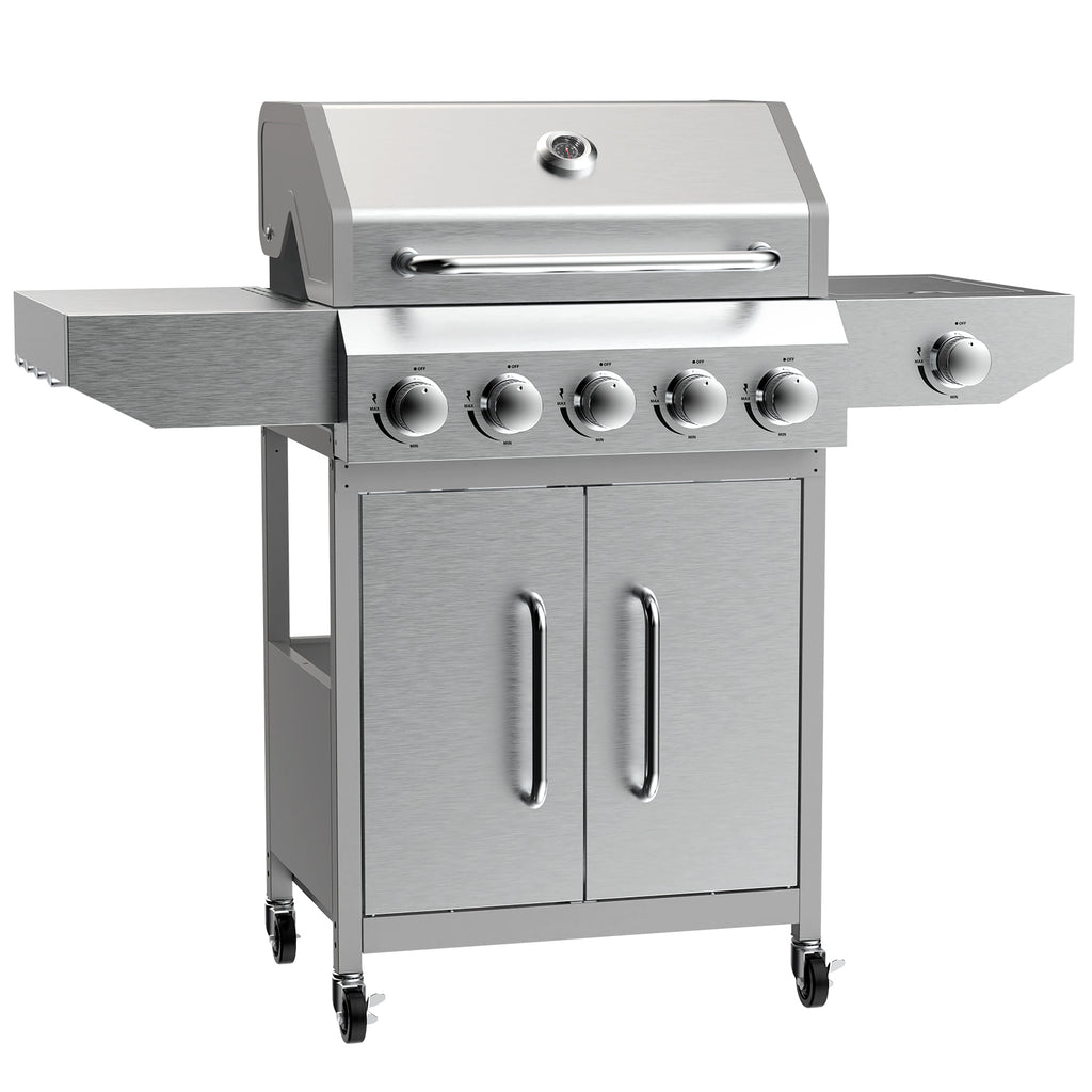 68,000 BTU 5 Burner Propane Gas Grill with Side Burner-Professional-Grade Stainless Steel Outdoor BBQ Grill-647 sq in Cooking Space&Porcelain Cast Iron Grrates-Patio Cart Design for Backyard