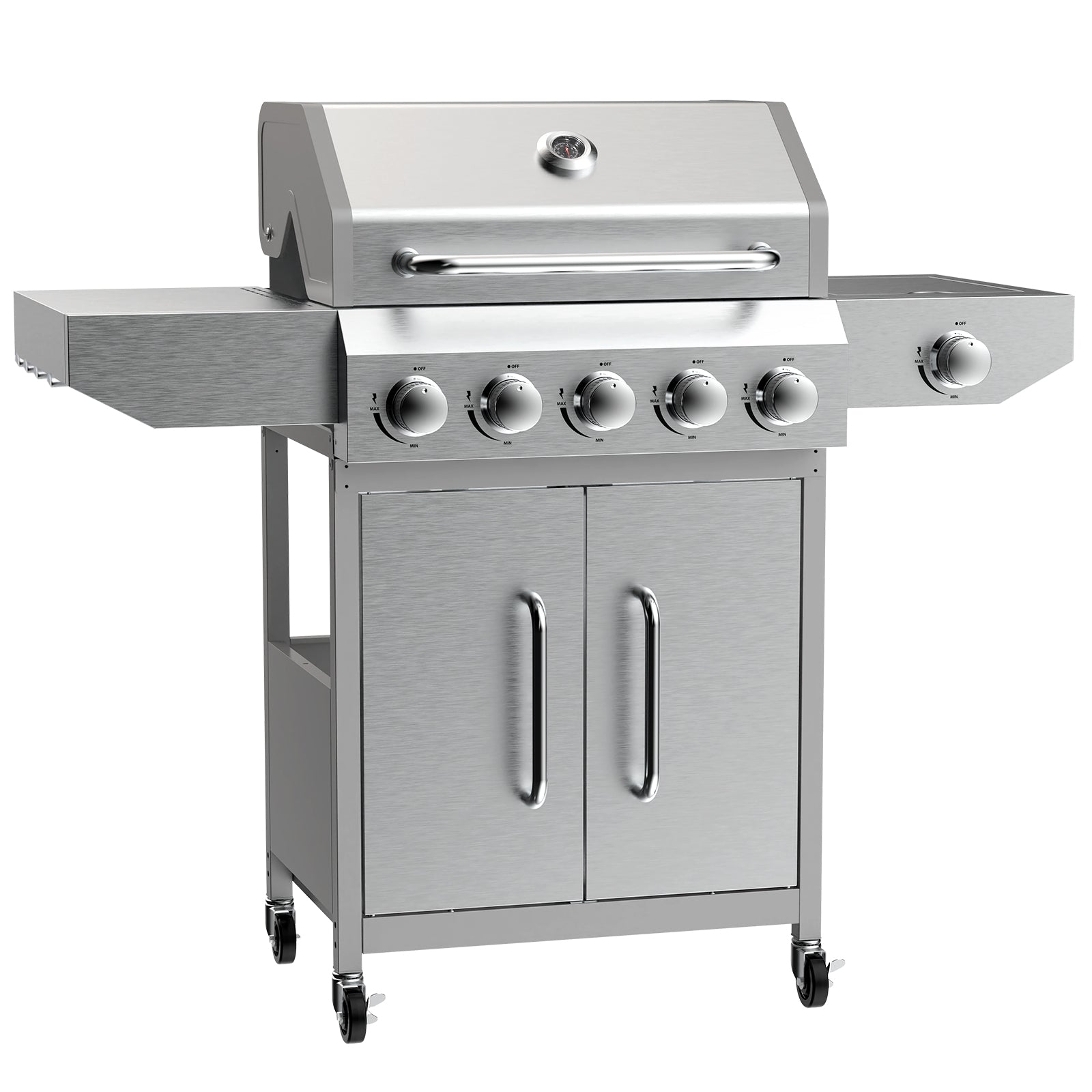 68,000 BTU 5 Burner Propane Gas Grill with Side Burner-Professional-Grade Stainless Steel Outdoor BBQ Grill-647 sq in Cooking Space&Porcelain Cast Iron Grrates-Patio Cart Design for Backyard