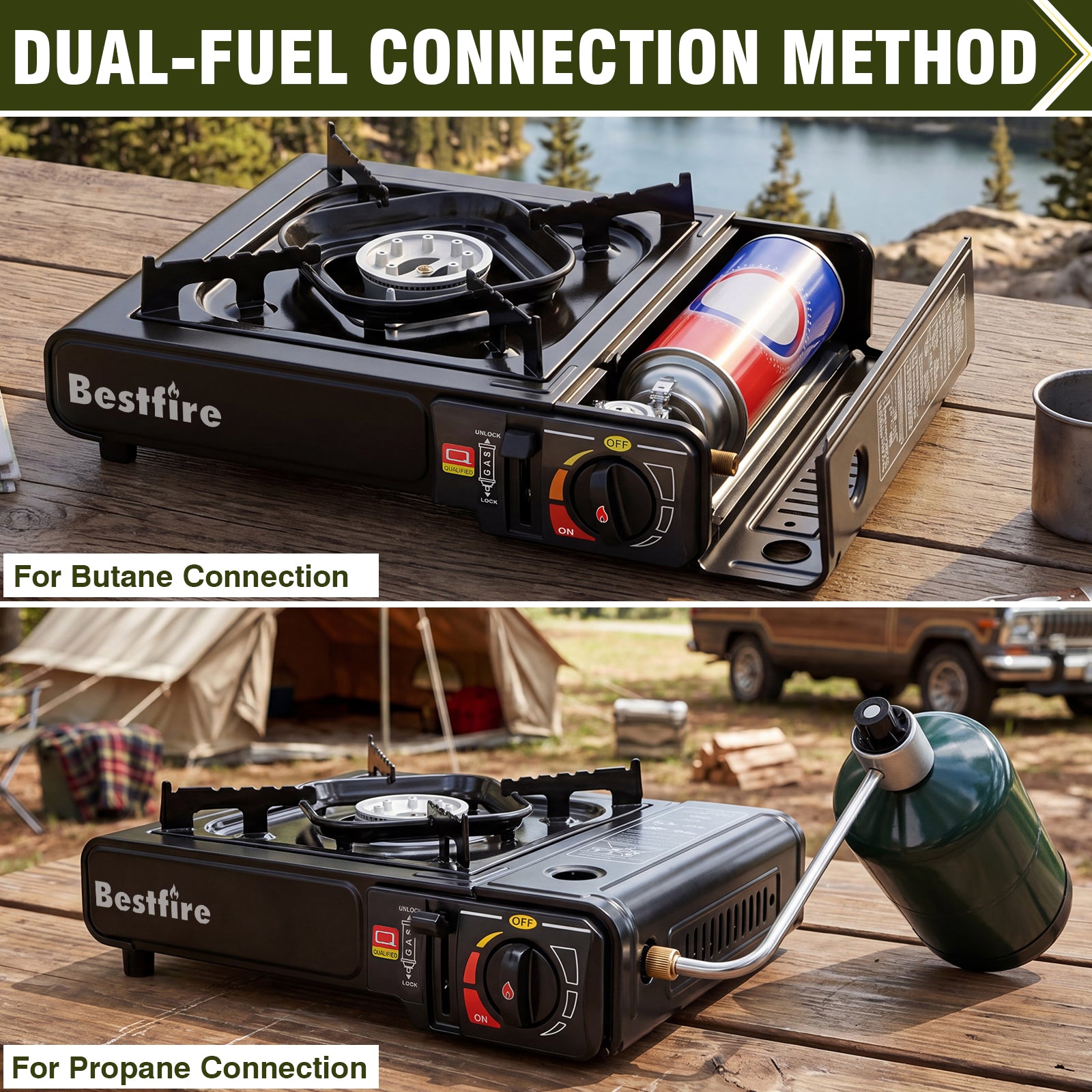 BESTFIRE Portable Dual Fuel Camping Stove - 10,000 BTU Butane and Propane Stove with Adapter & Case - Single Burner Gas Stove for Outdoor Cooking, Tailgating & Emergency