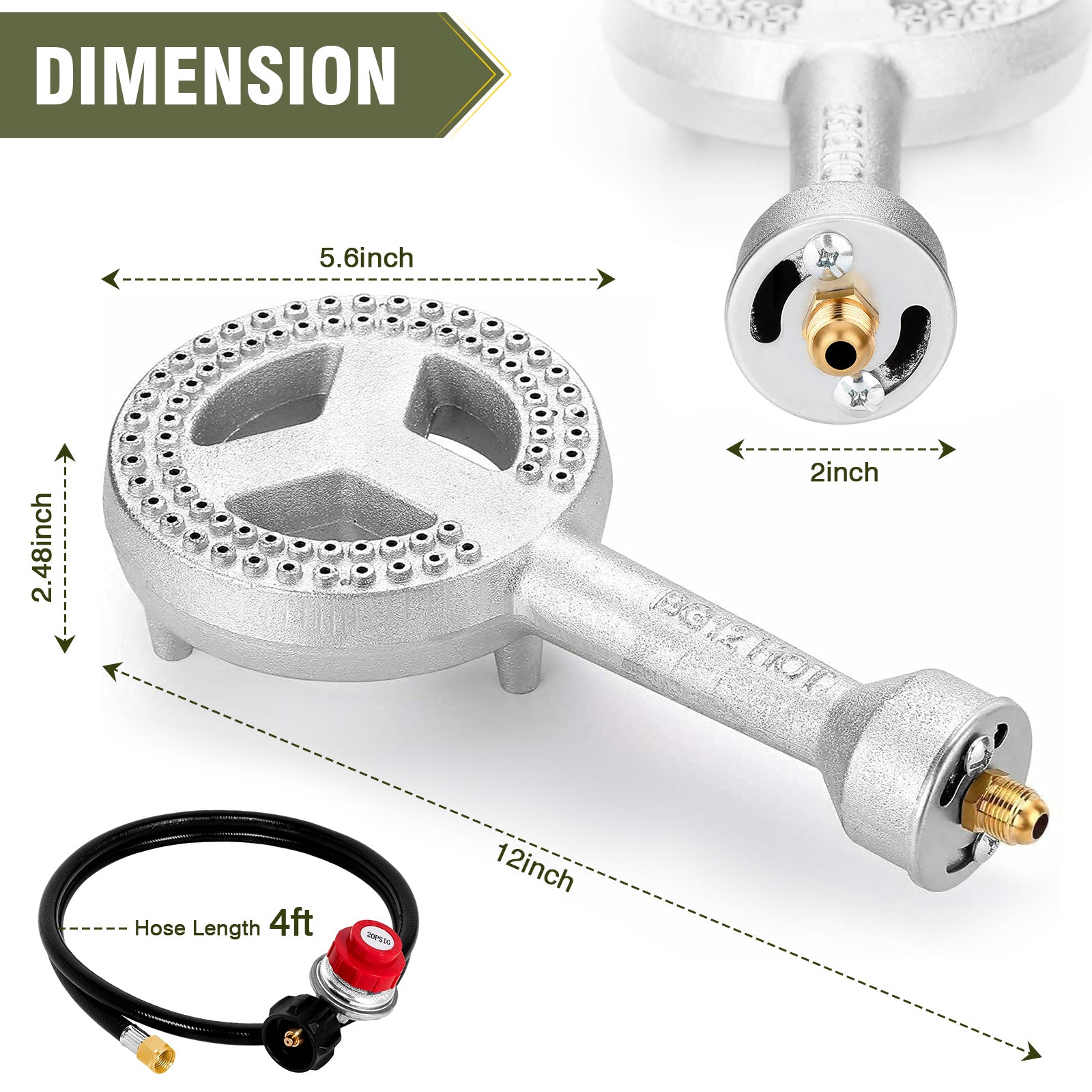 High Pressure Cast-Iron Propane Burner Head,Round Burner Head with 20 PSIG Adjustable High Pressure Propane Regulator with Hose and Brass Fitting for Propane Burner Head for Cooking Outdoor