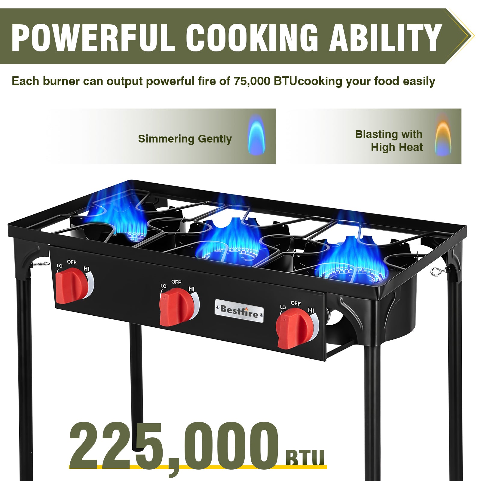 3 Burners Gamping Stove for Cooking Outdoor, 225,000 BTU Propane Burners with Auto Ignition Button&Removable Legs, Temperature Control Knobs and 20 PSIG High Pressure Regulator for BBQ