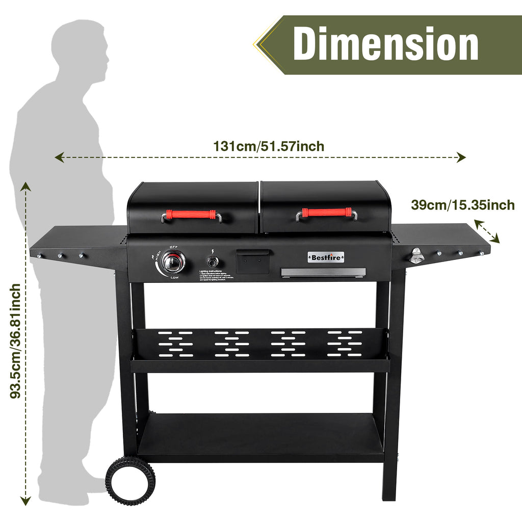 Dual Fuel Propane Gas Charcoal Grill Combo Black Dual Lids, Flat Top Grill With 2 Side Shelves for BBQ, Outdoor and Backyard Cooking
