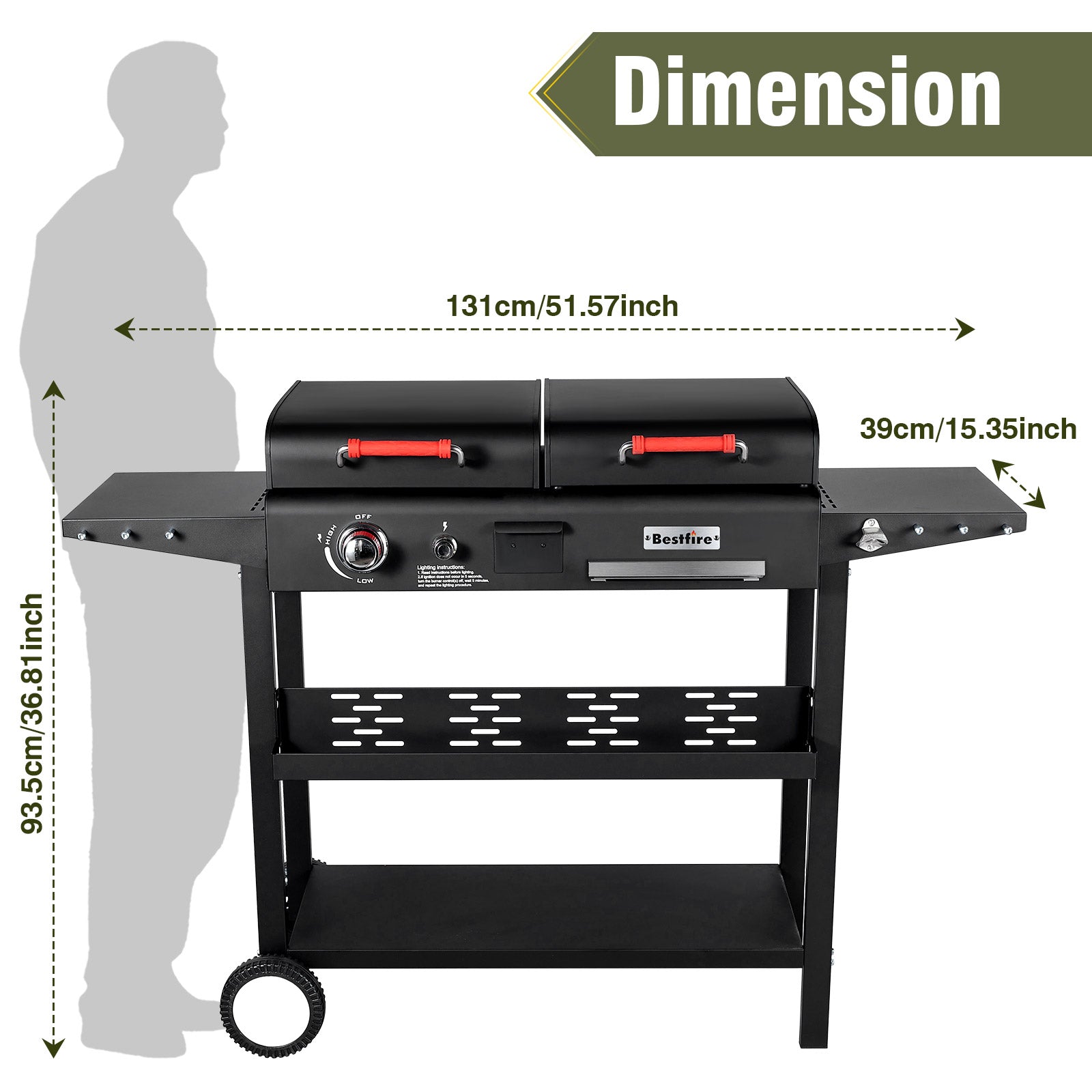 Dual Fuel Propane Gas Charcoal Grill Combo Black Dual Lids, Flat Top Grill With 2 Side Shelves for BBQ, Outdoor and Backyard Cooking