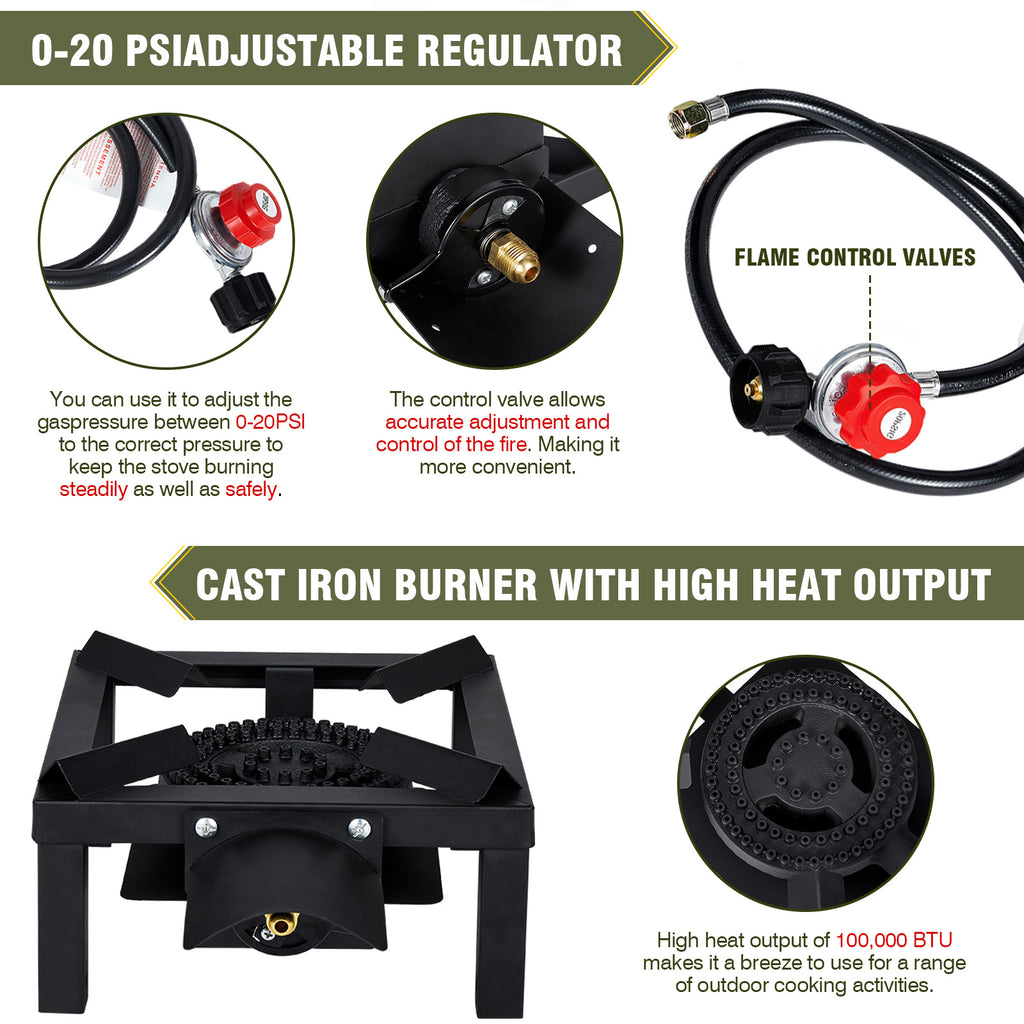 Propane Burner,100,000 BTUs High Pressure Single Propane Stove with 4.1ft Adjustable Hose with Regulator,Gas Stove for Outdoor Cooking, Turkey Fry, Seafood Boil