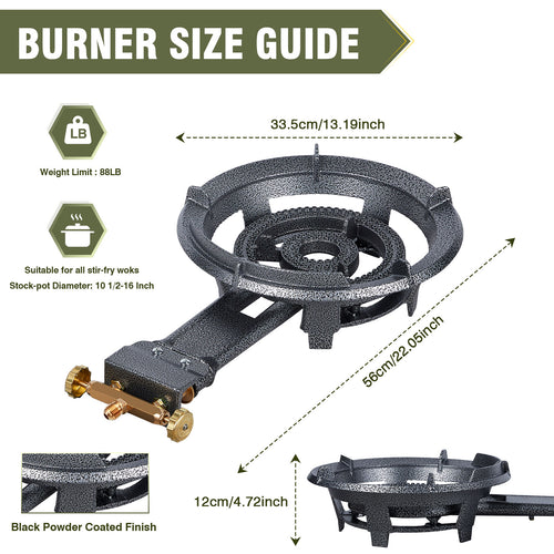 13" Single Propane Burner Stove 90,000 BTU Cast Iron Portable Outdoor Burner with 0-20 PSI Adjustable Regulator and Stainless Steel Hose Perfect for Outdoor Wok Cooking