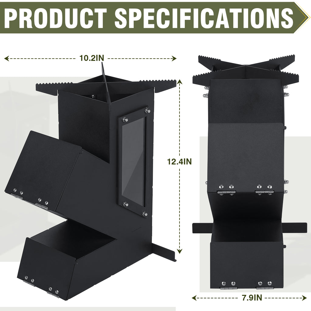 Rocket Stove with Glass Window, Portable Wood Burning Stove for Outdoor Cooking, Heavy Duty Camping Grill, Backyard Cooking Wood Fire Stove for Emergency Survival and Preparedness