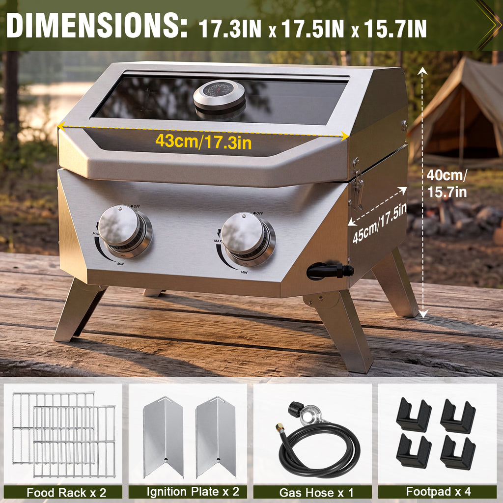BESTFIRE Tabletop Gas Grill with 2 Burners & Viewing Glass Lid, 20,000 BTU Stainless Steel Portable BBQ Grill with Thermometer, Push-Button Ignition for Outdoor Patio, Camping, RV, Tailgating