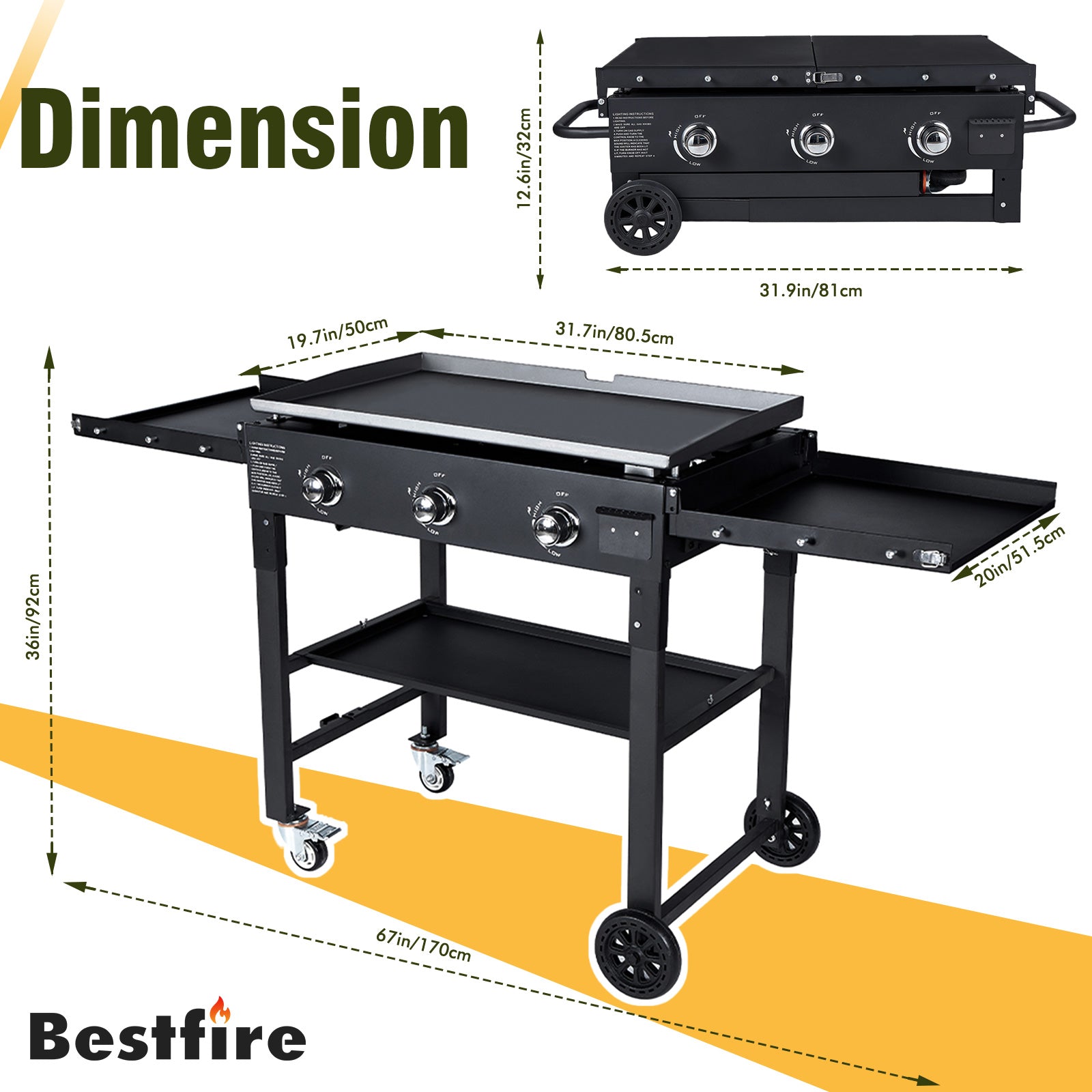 Foldable Flat Top Grill, Outdoor Griddle-3 Burner Propane Griddle with Two Foldable Shelves,36" Flat Grills Outdoor-45,000 BTU Gas Grill for BBQ& Outdoor Cooking,Black