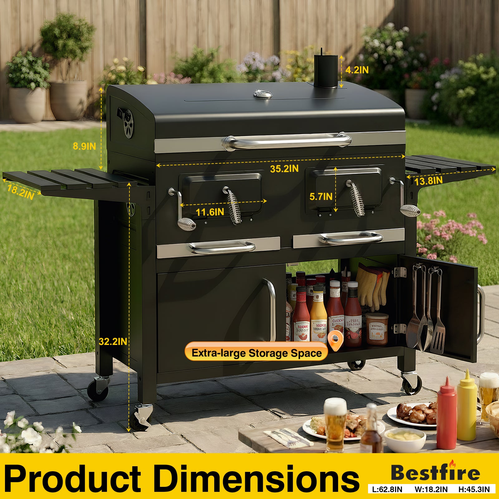 Bestfire 63" Oversized Charcoal BBQ Grill & Smoker, Large Outdoor Grill with 2 Individual Lifting Charcoal Trays, Cabinet-Style Charcoal Grills with Foldable Side Tables, 4 Wheels, Asadores de Carbon