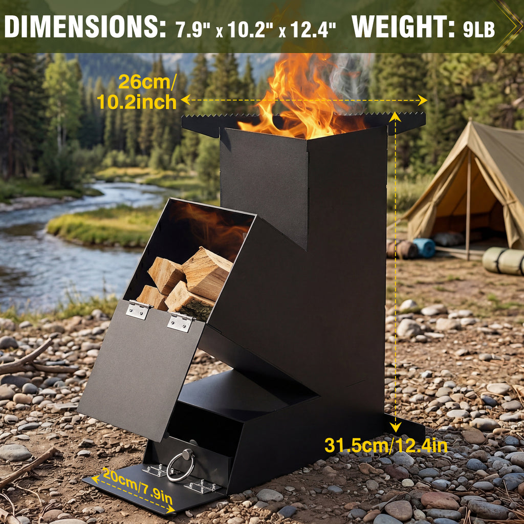 Rocket Stove with Glass Window, Portable Wood Burning Stove for Outdoor Cooking, Heavy Duty Camping Grill, Backyard Cooking Wood Fire Stove for Emergency Survival and Preparedness