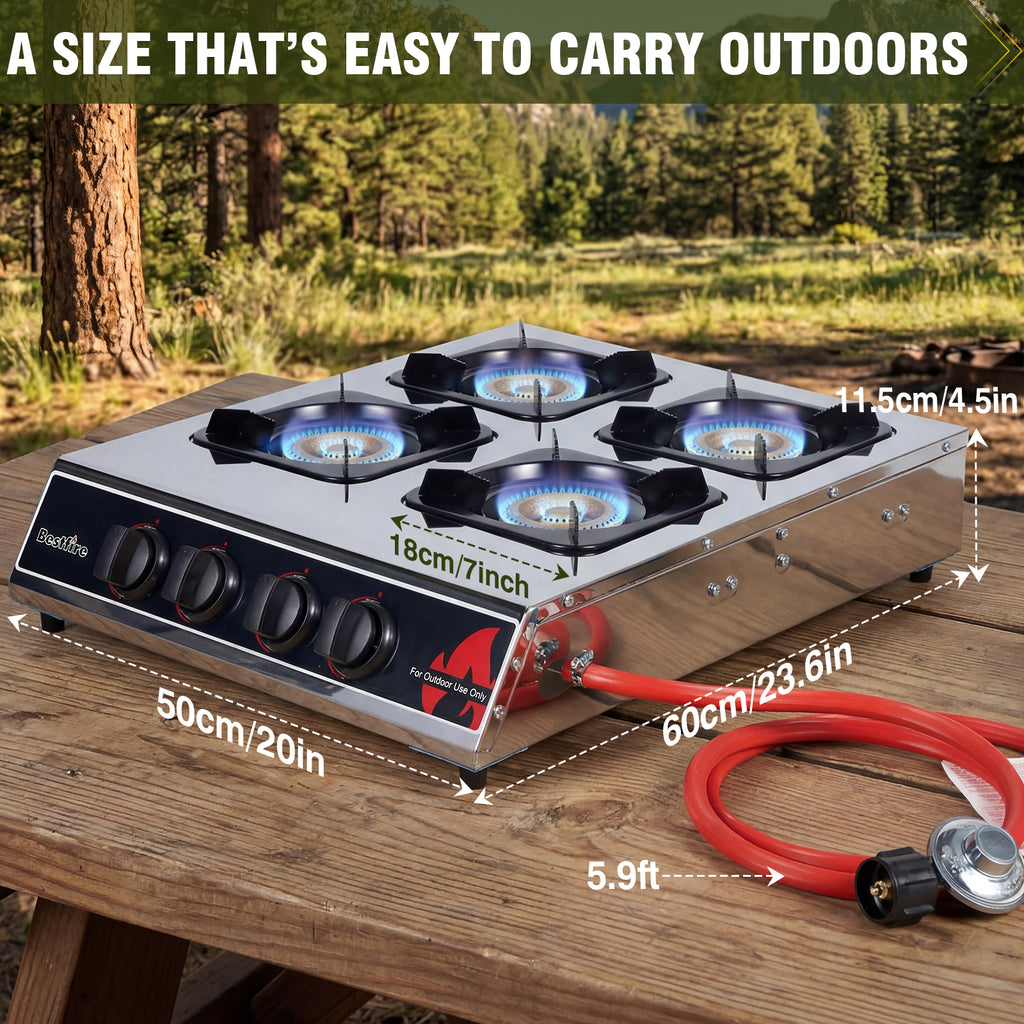 BESTFIRE 4 Burner Propane Gas Stove 40,000 BTU Stainless Steel Cooktop with Enamel Pan Support, Electronic Ignition, Regulator & Hose Included, Portable Gas Stove for Camping, Outdoor Cooking, BBQ