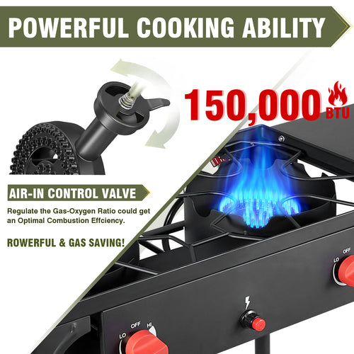 2 burner Camping Stove with Auto Ignition Button,Side Shelves & Regulator150,000 BTU Gas Stove Propane Burner With Removable Legs for Outdoor BBQ&Backyard Cooking Camping Home