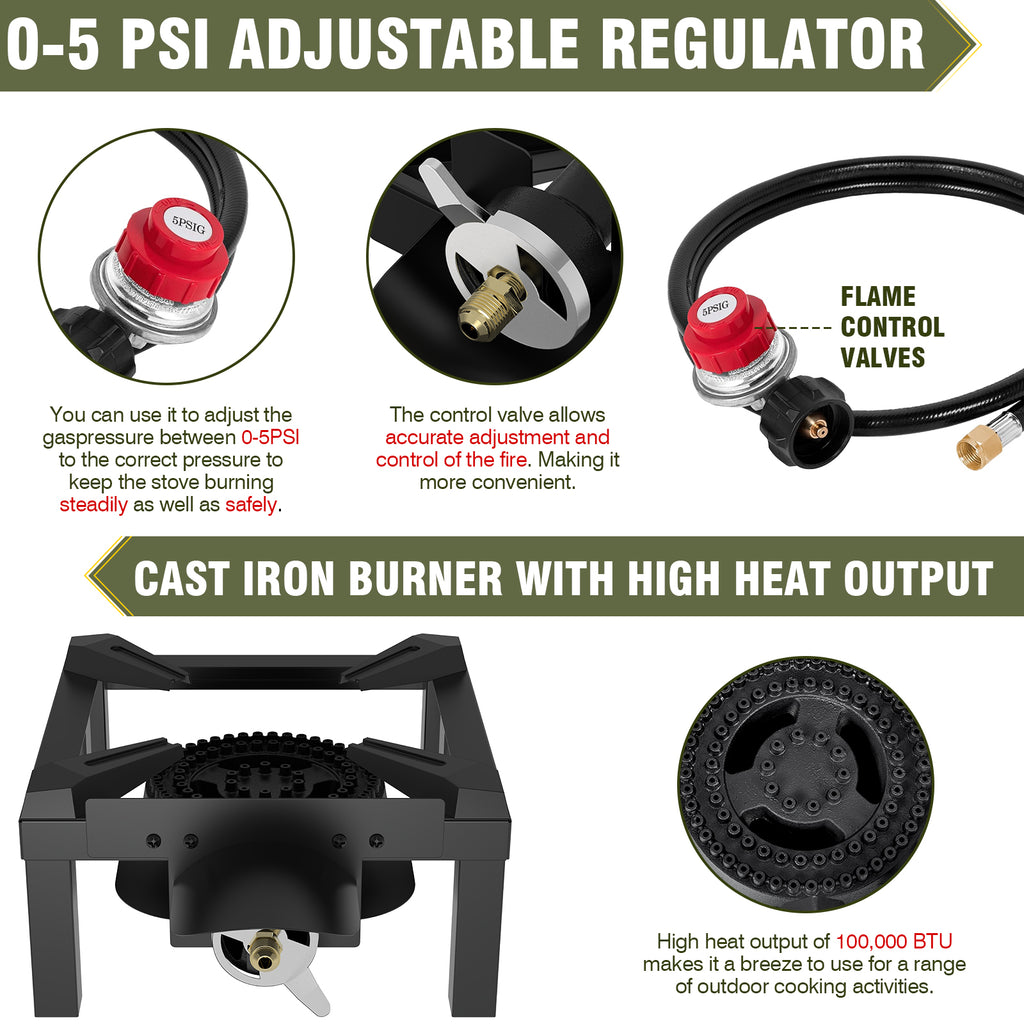 Bestfire Propane Burner,100K BTUs High Pressure Single Propane Stove with 4.1ft Adjustable Hose with Regulator,Gas Stove for Outdoor Cooking, Turkey Fry, Seafood Boil